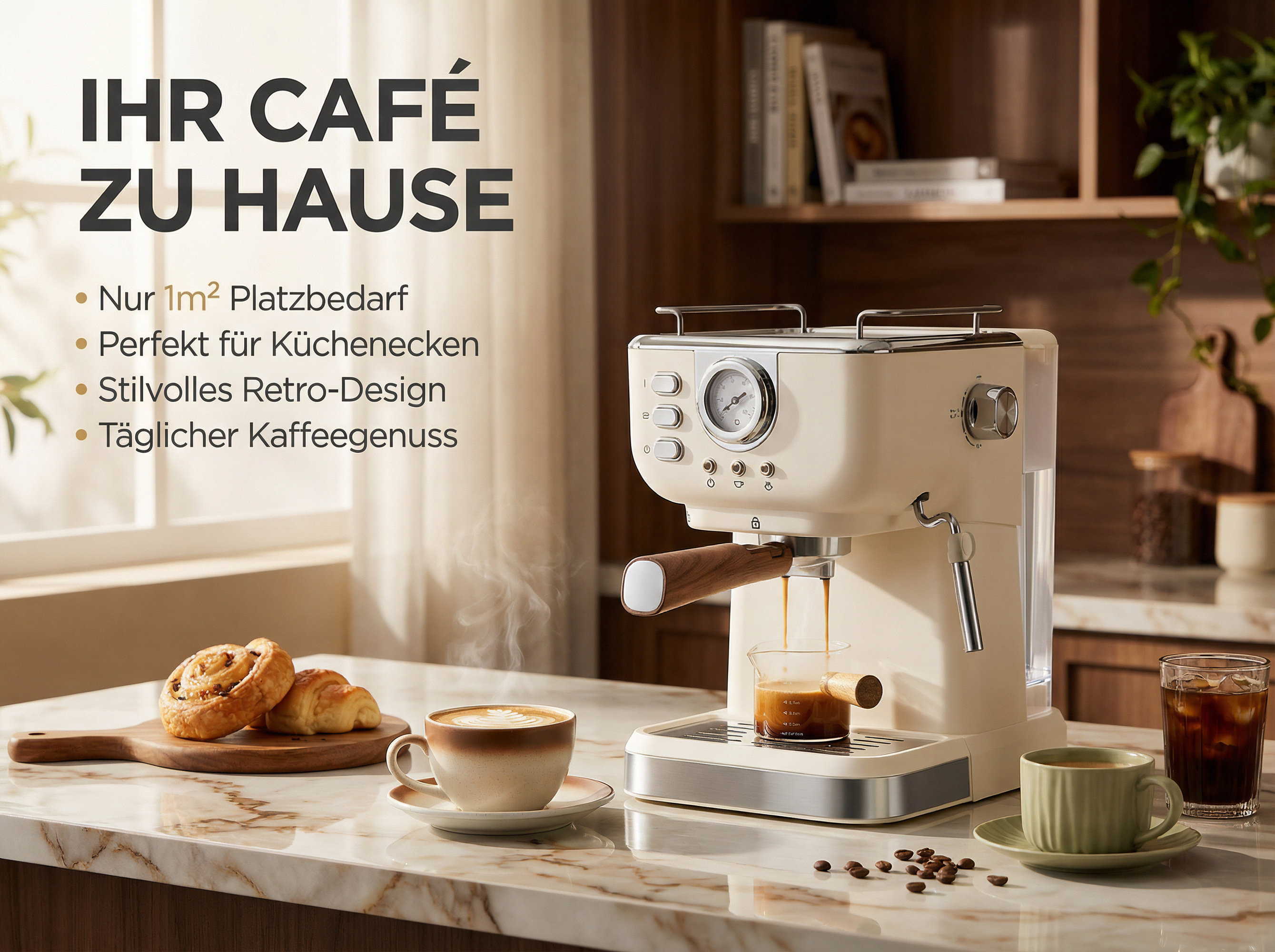 Eine cremefarbene Retro-Kaffeemaschine brüht Espresso in ein Glas.