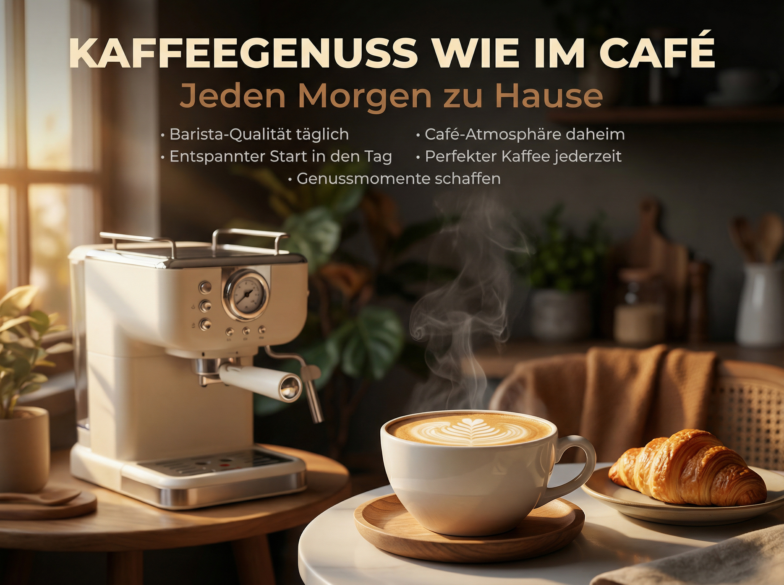 Eine Kaffeemaschine, daneben eine Tasse Cappuccino und ein Croissant.