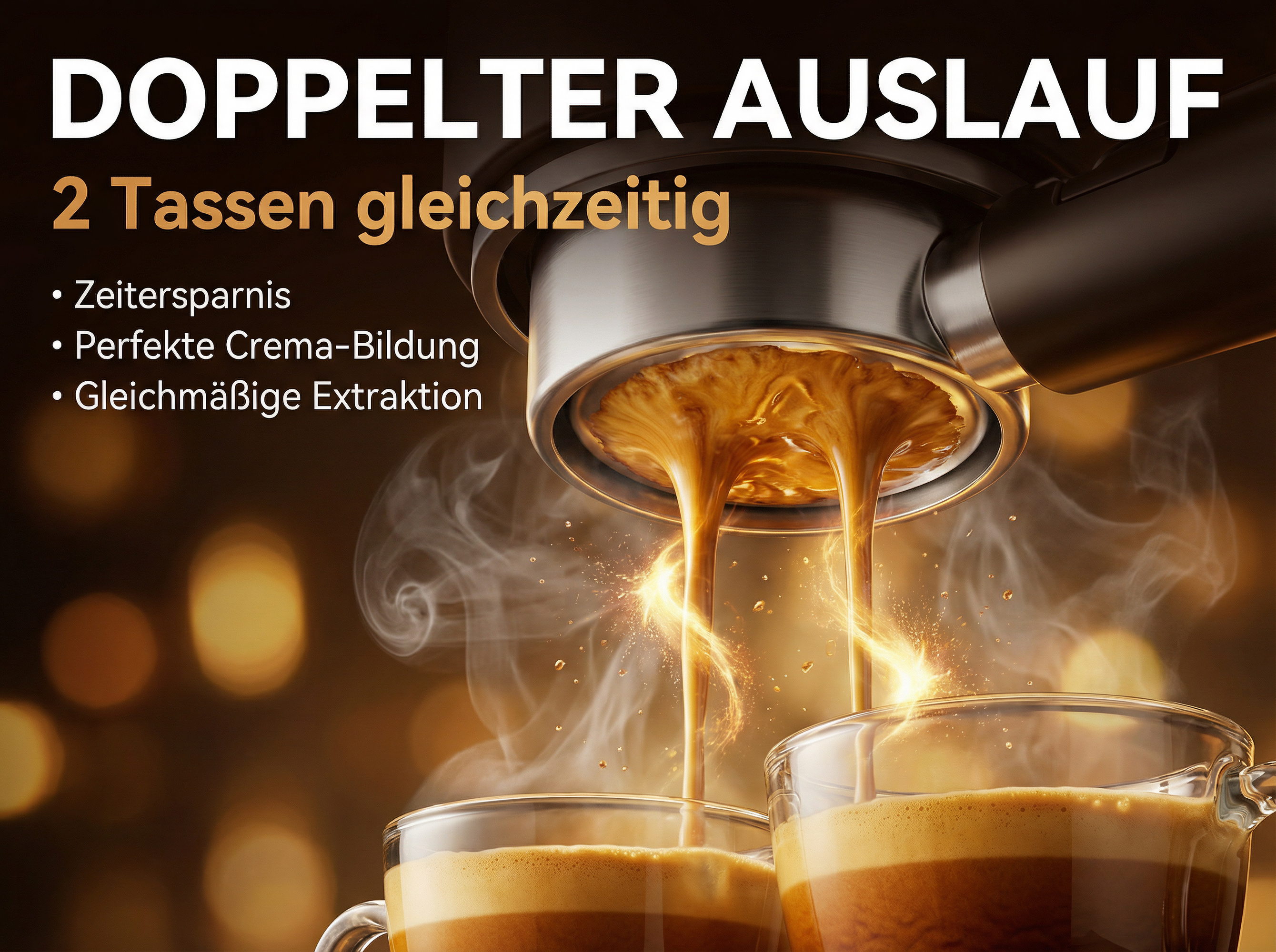 Zwei Espressostöße fließen in Gläser. Dampf steigt auf.