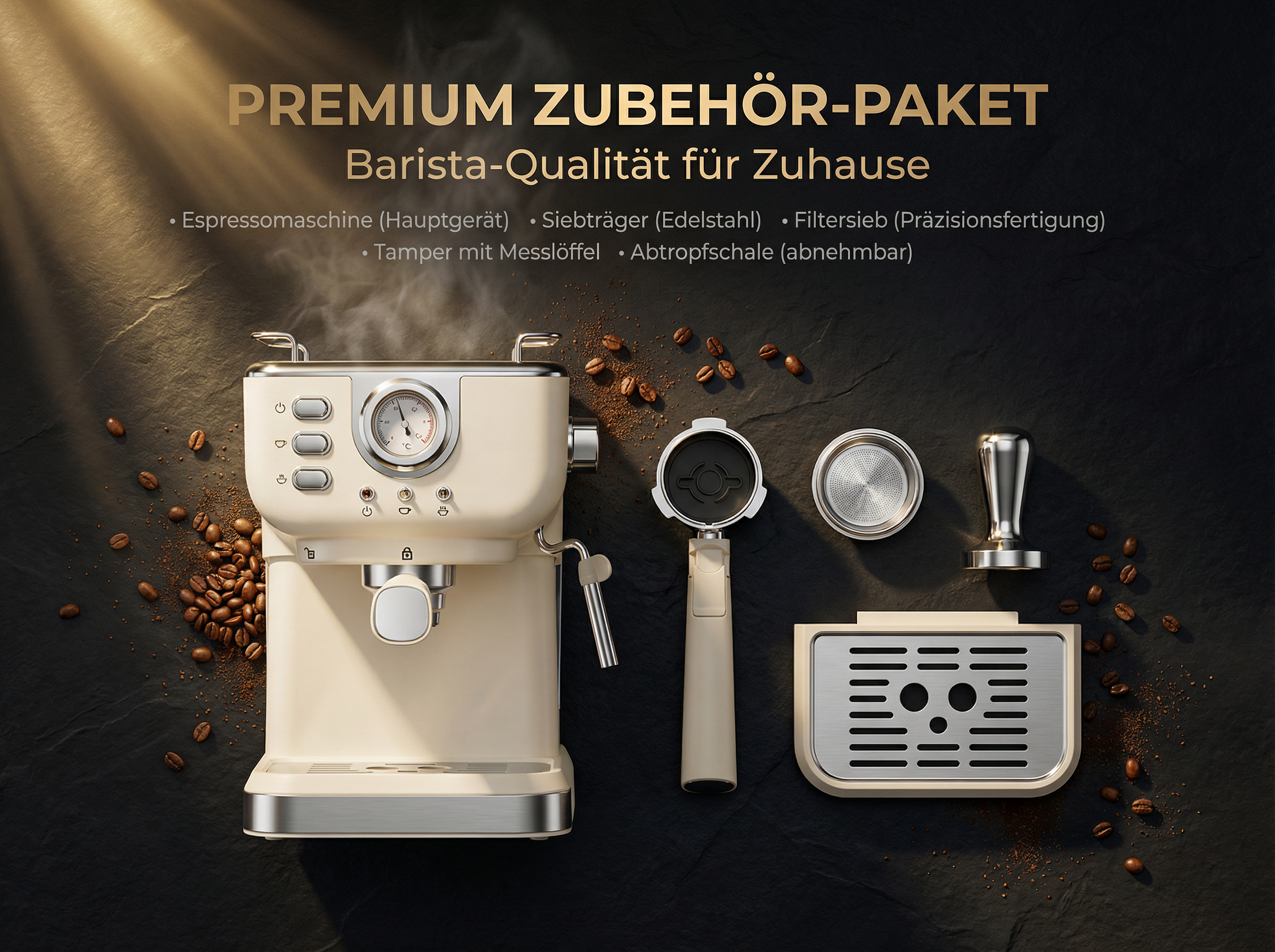 Beige Espressomaschine mit Zubehör, Kaffeebohnen und Kaffeepulver auf dunklem Untergrund.