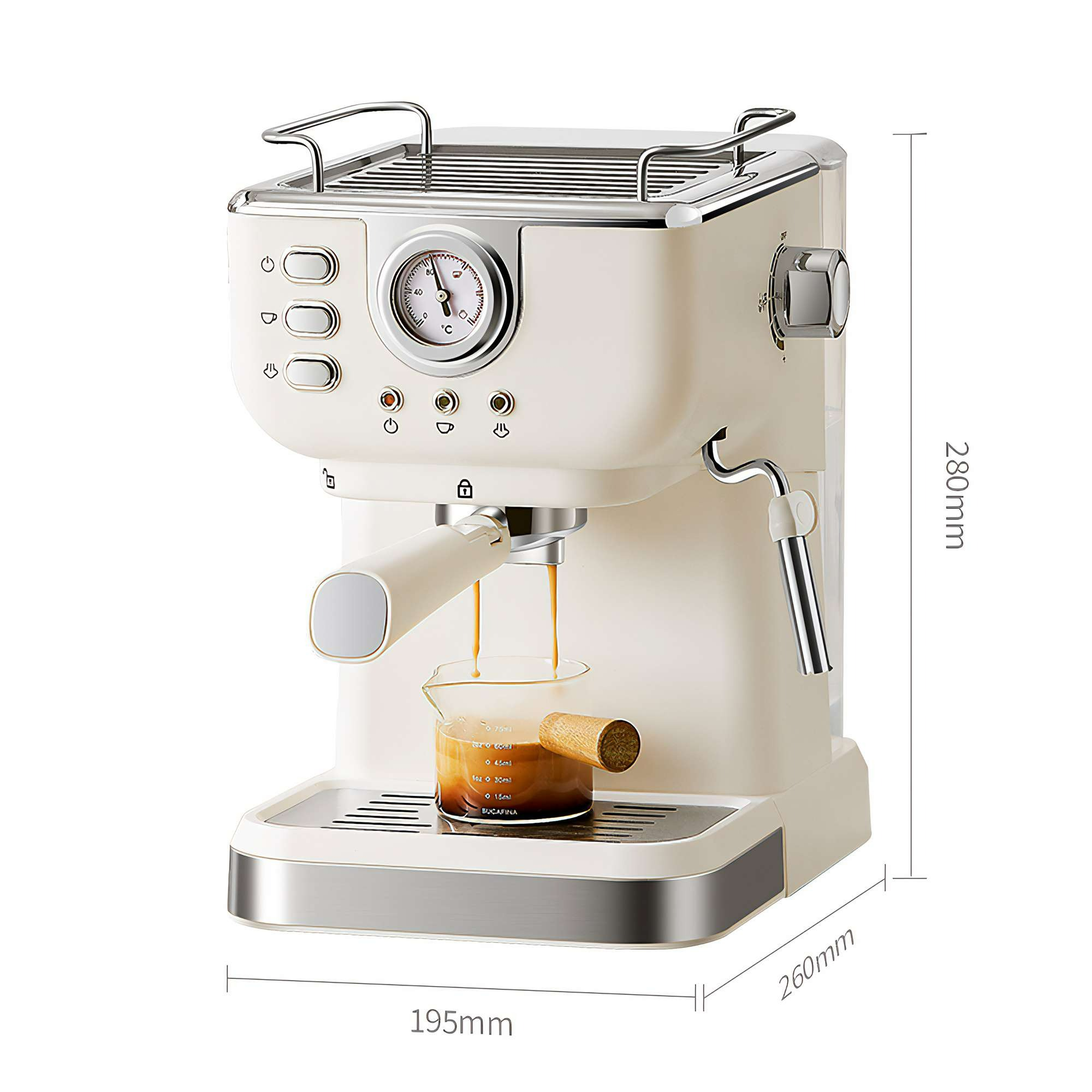 Eine cremefarbene Espressomaschine mit silbernen Akzenten, die Espresso in ein Glas brüht.