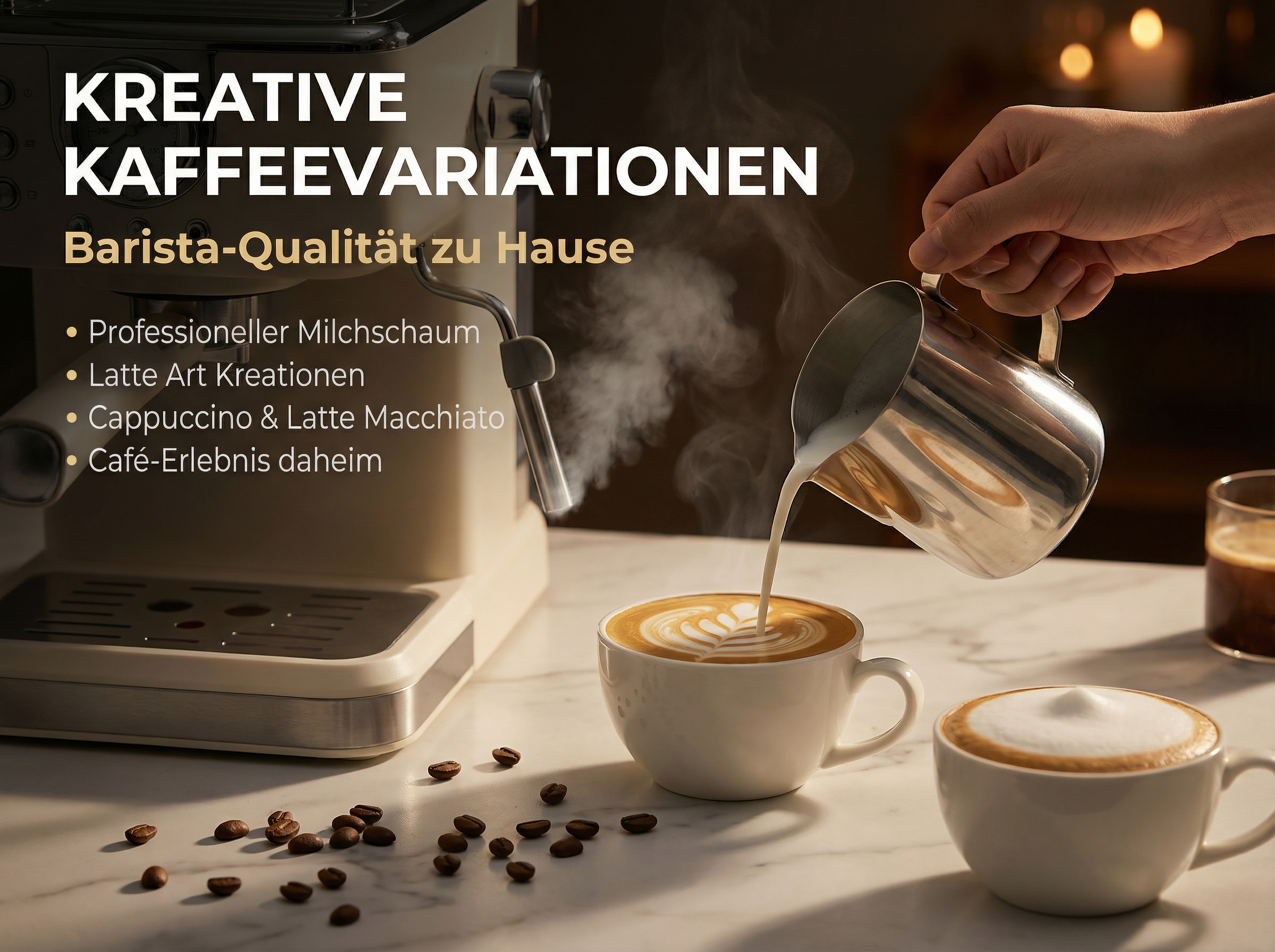 Eine Hand gießt Milchschaum in eine Kaffeetasse, daneben eine Kaffeemaschine.