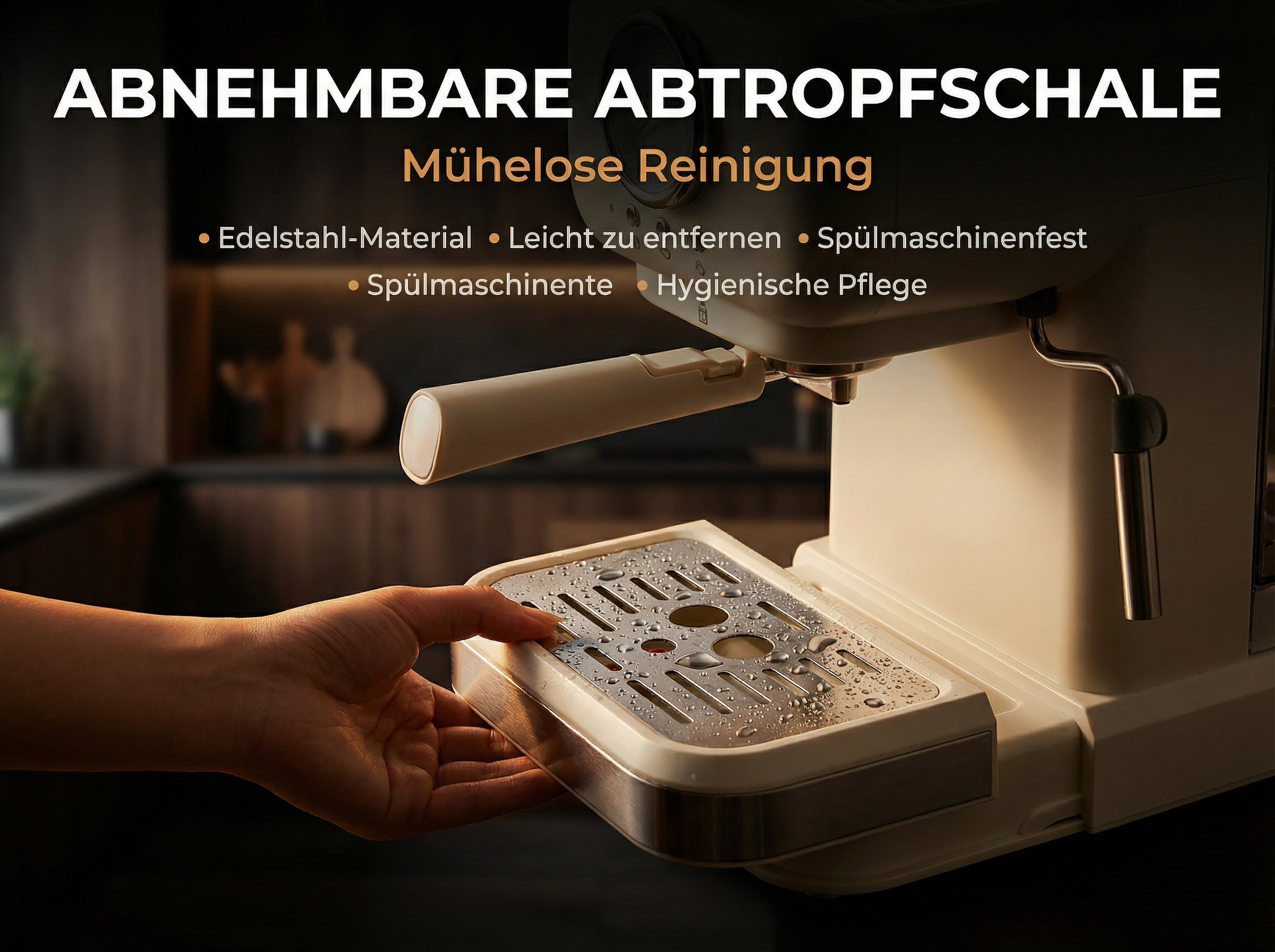 Eine Hand entfernt die Abtropfschale einer Kaffeemaschine.