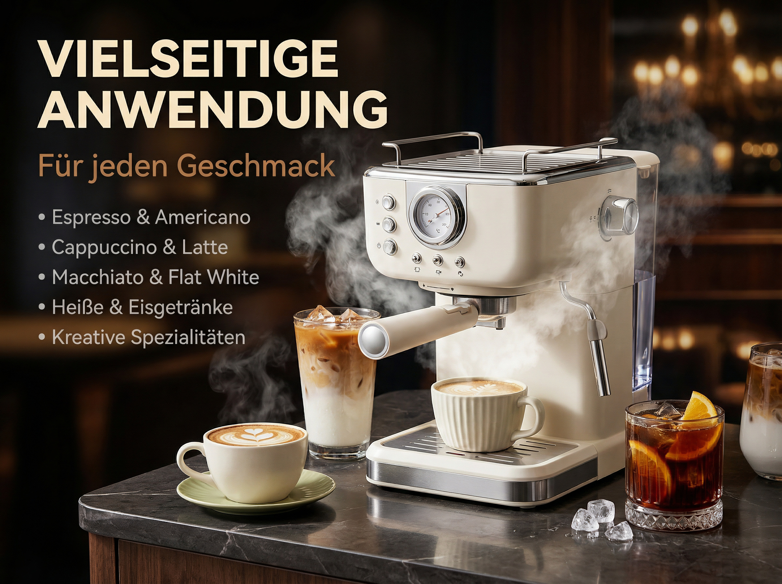 Eine cremefarbene Espressomaschine mit Dampf, daneben Kaffeegetränke und Früchte.
