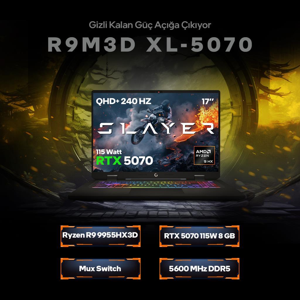 "SLAYER" logolu, RTX 5070 grafik kartlı ve QHD+ 240Hz ekranlı bir dizüstü bilgisayar.