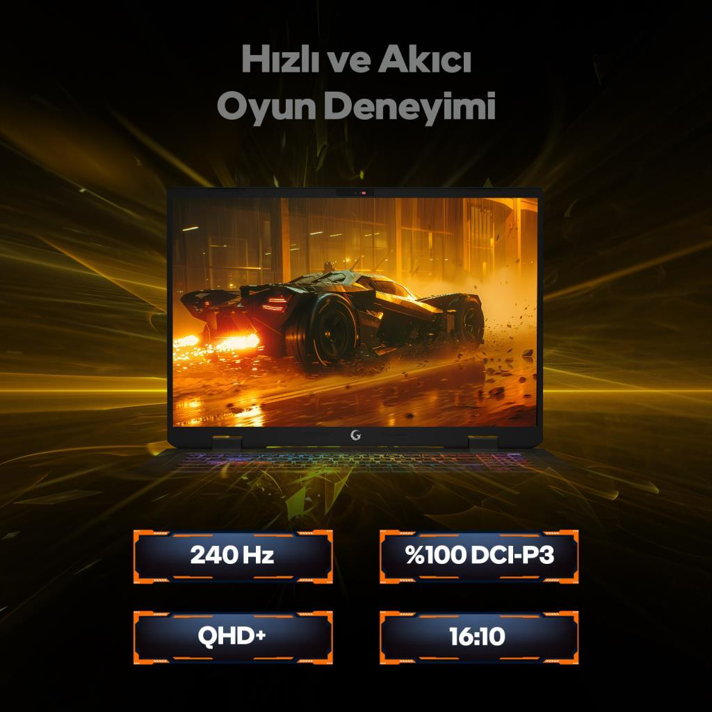 Bir dizüstü bilgisayar, 240Hz, QHD+, %100 DCI-P3 ve 16:10 oranlı yarış oyunu gösteriyor.