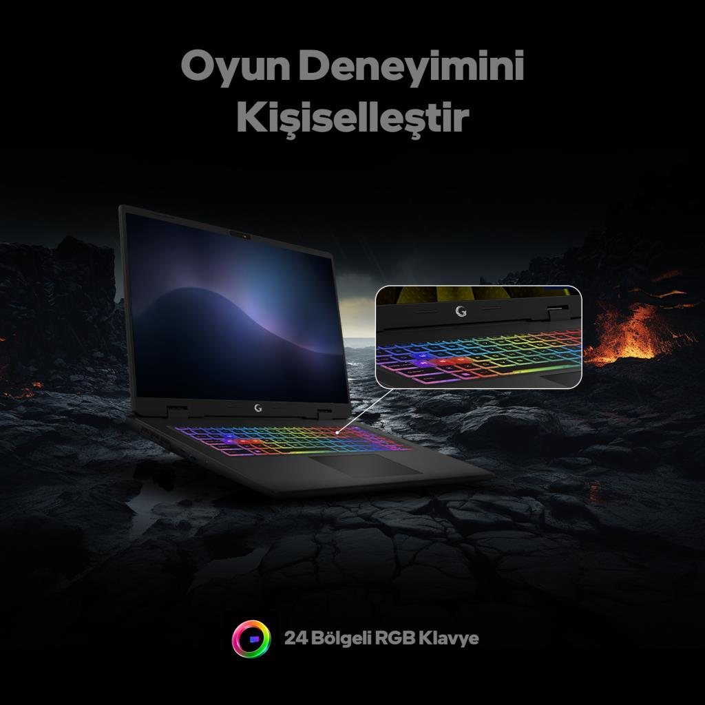 Koyu, kayalık arazide ve arka planda lav bulunan, renkli RGB klavyeli bir dizüstü bilgisayar.