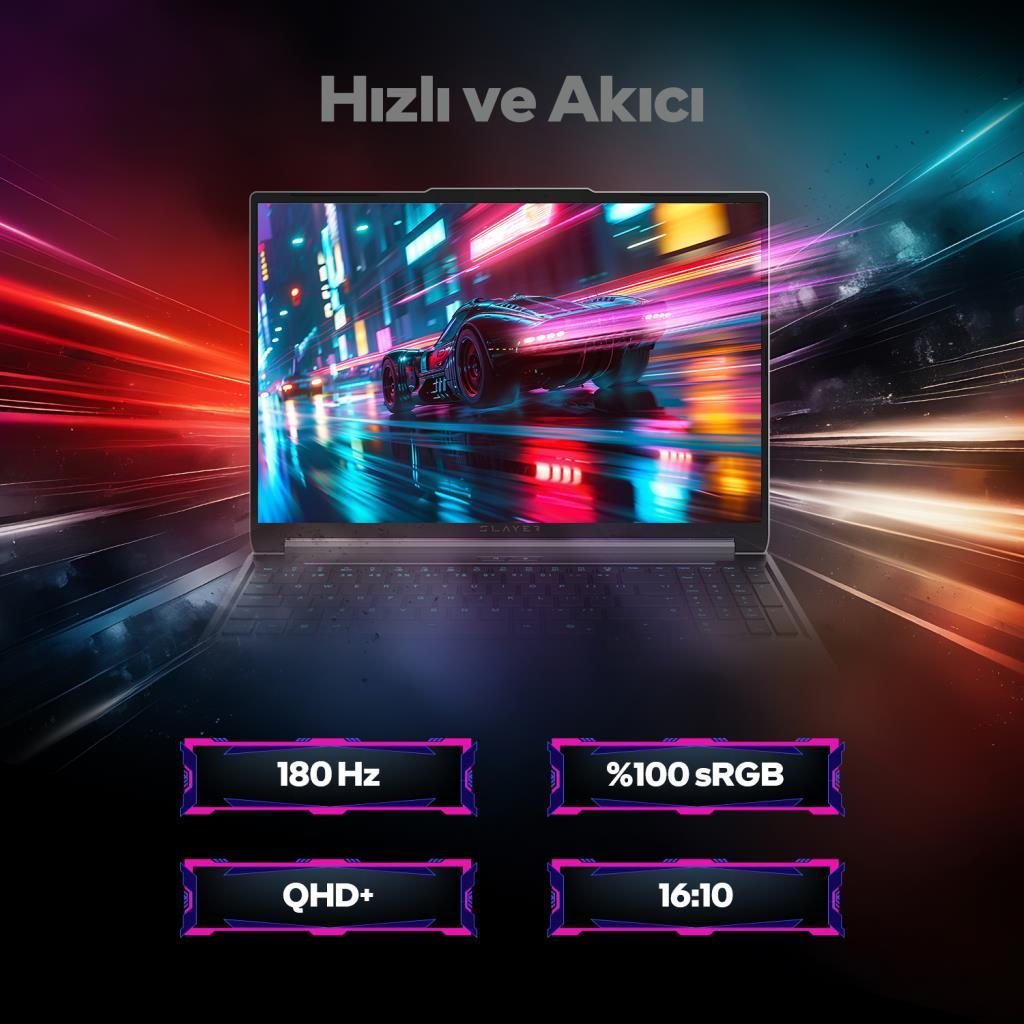 Yarış arabası grafikli dizüstü bilgisayar. Özellikler: 180 Hz, QHD+, 100% sRGB, 16:10.