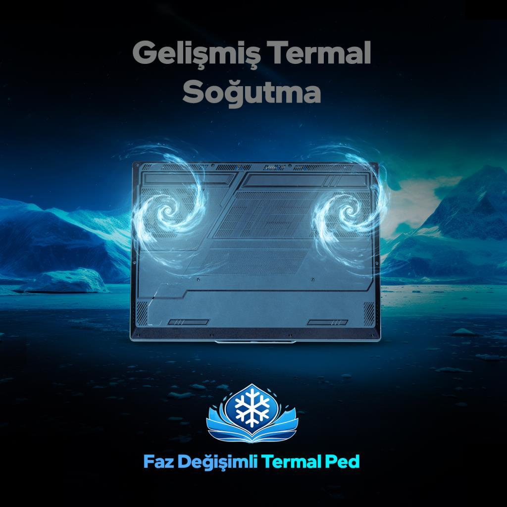 Mavi girdaplı laptop soğutucu, arka planda karlı dağlar.