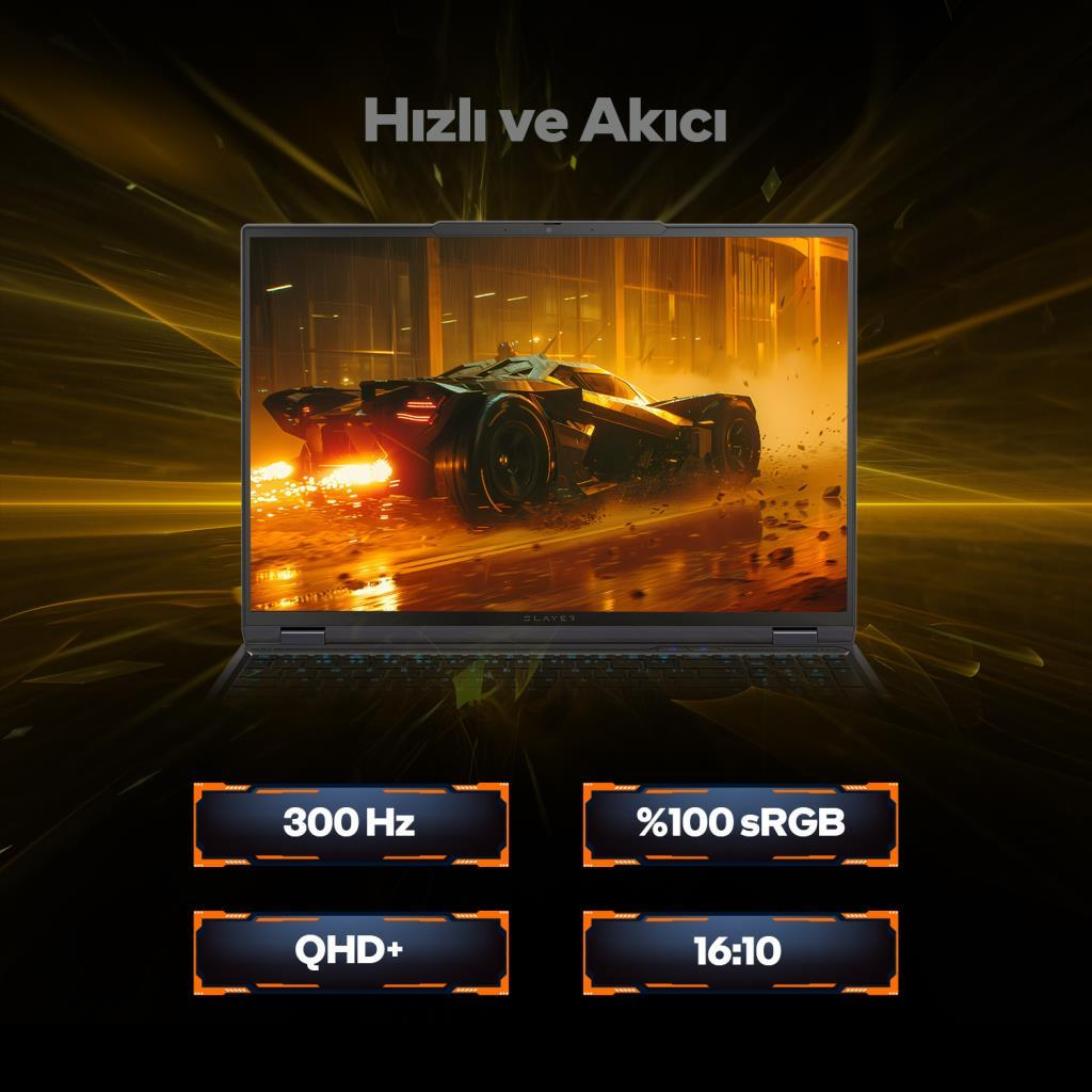 Bir laptop ışıklı fütüristik bir araba gösteriyor. Özellikler: 300Hz, QHD+, %100 sRGB, 16:10.