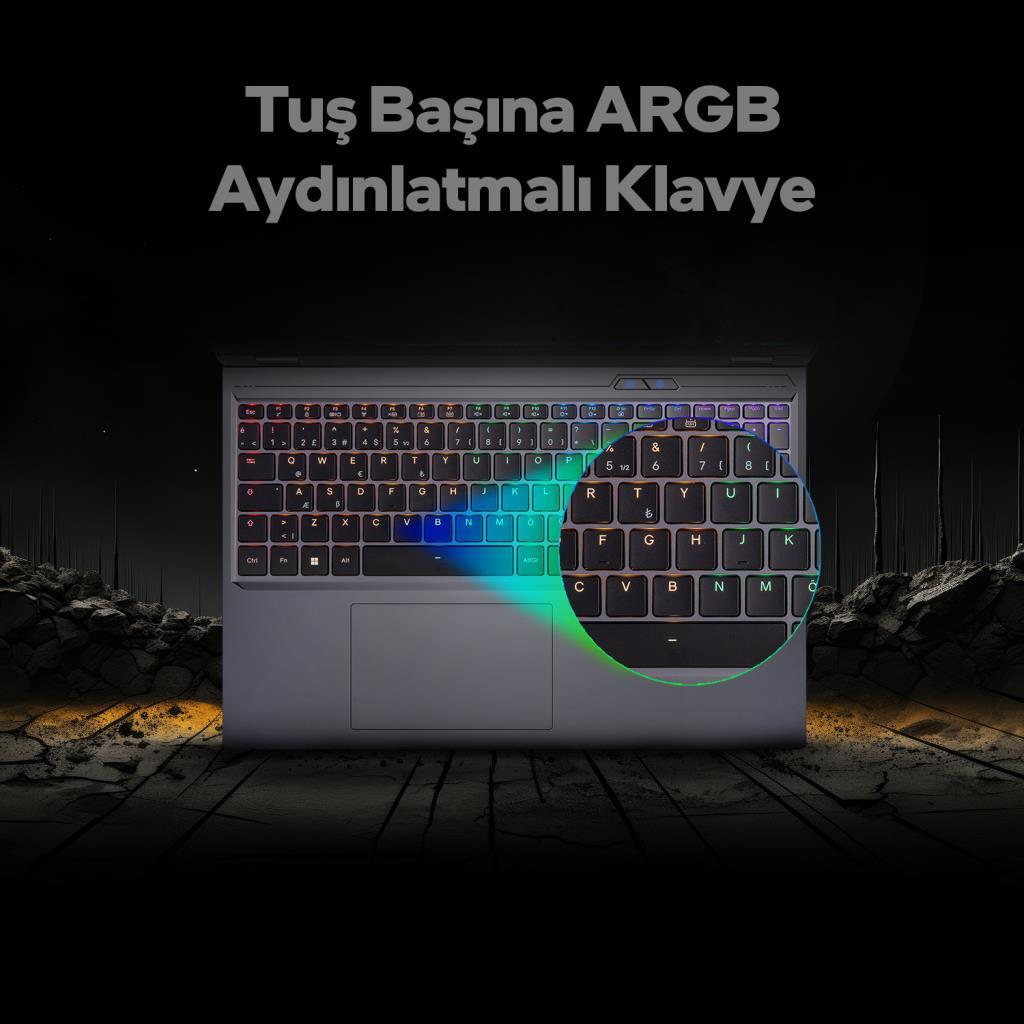 Koyu, kayalık yüzeyde ARGB aydınlatmalı laptop klavyesi.