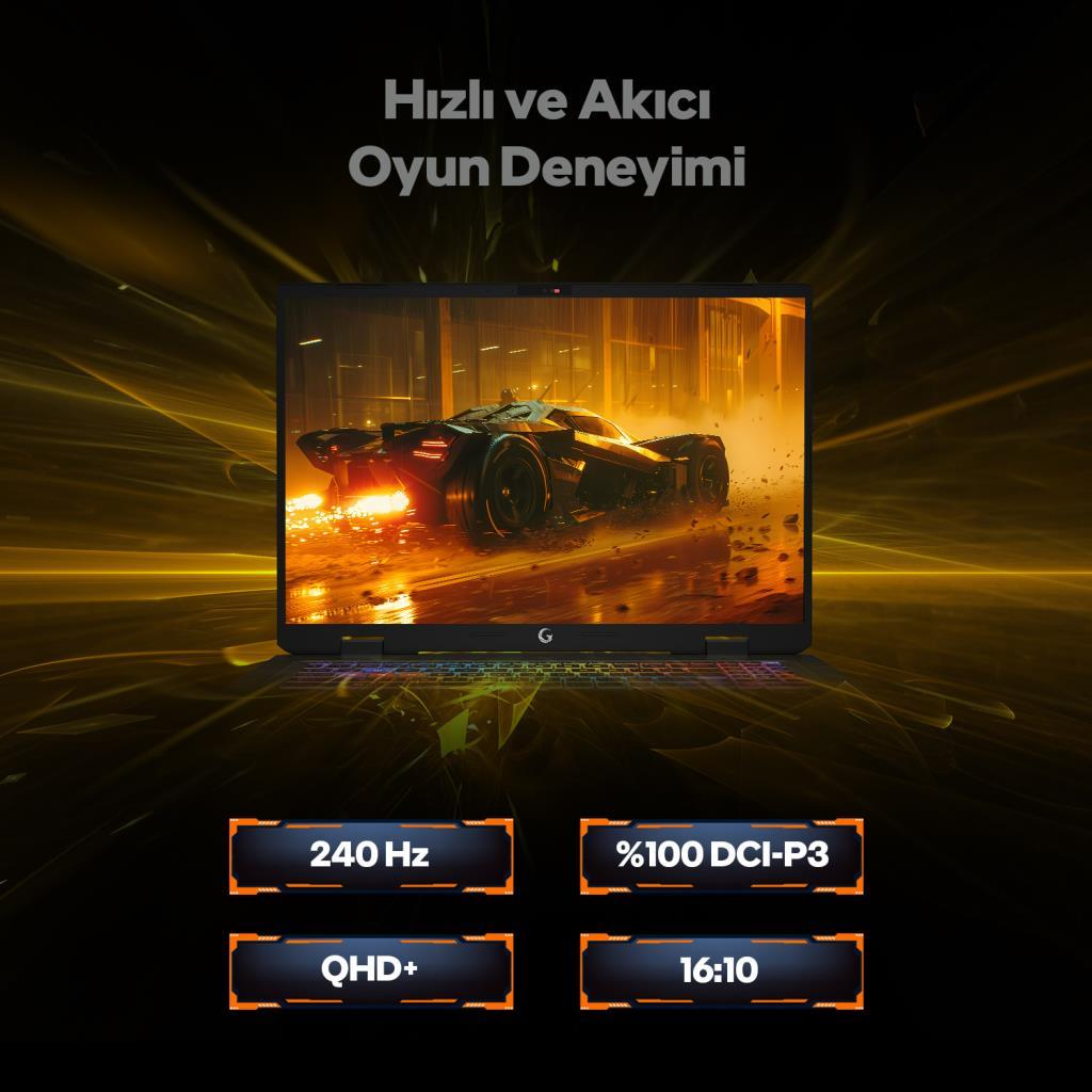 Yarış arabası oyunu gösteren bir dizüstü bilgisayar. Özellikler aşağıda.