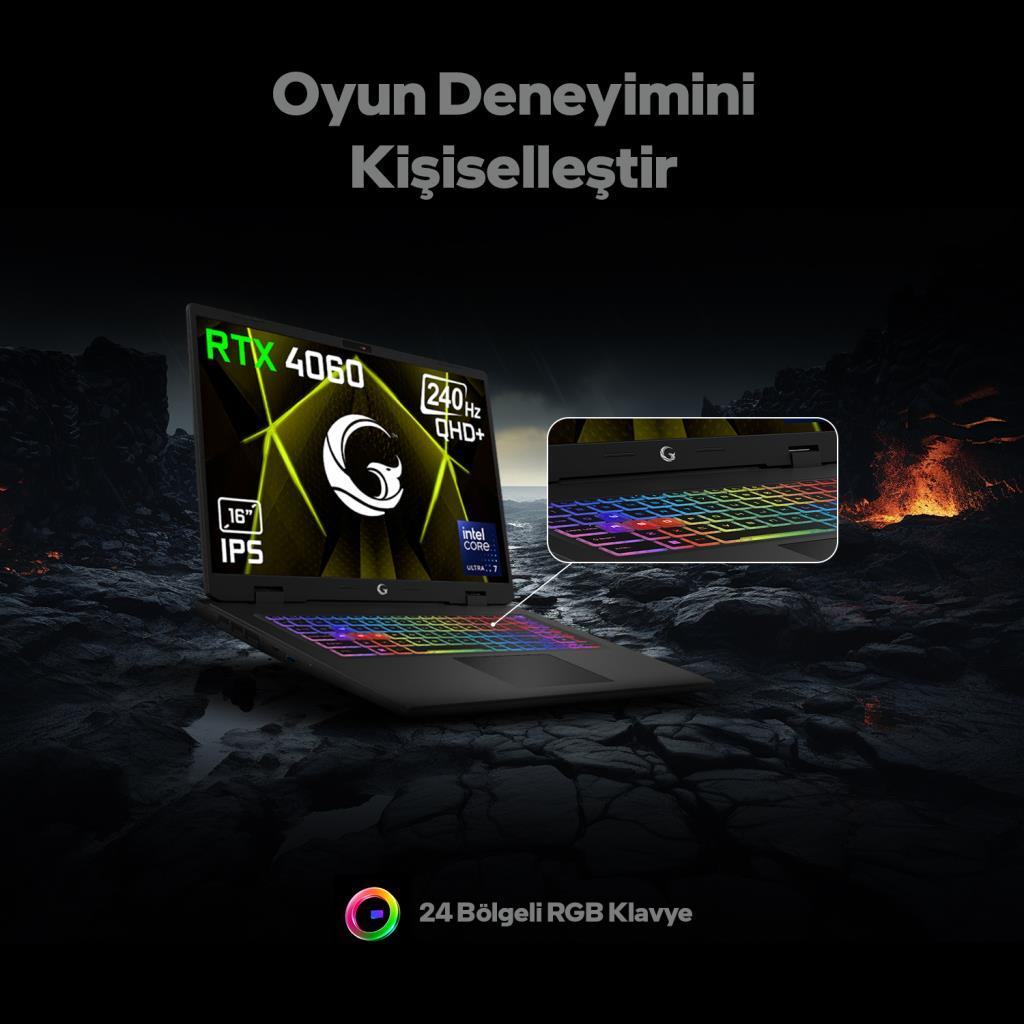 RTX 4060, 16 inç IPS, 240Hz QHD+ oyun laptopu. RGB aydınlatmalı klavye.