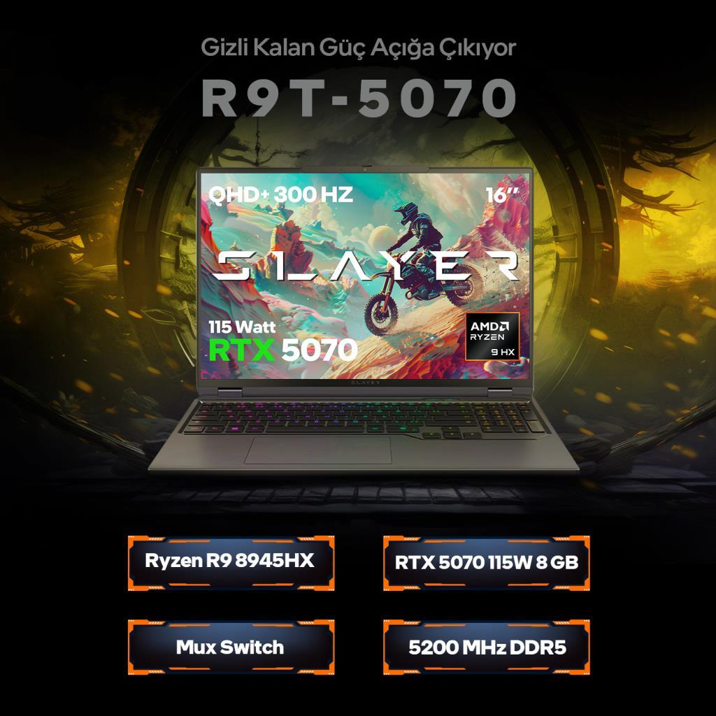 RTX 5070, Ryzen 9, 300 Hz QHD ekran ve RGB klavyeli bir dizüstü bilgisayar.