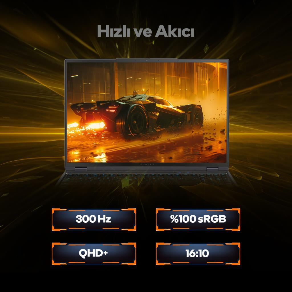 Dizüstü bilgisayar, 300 Hz, %100 sRGB, QHD+ ve 16:10 yarış arabası gösteriyor.