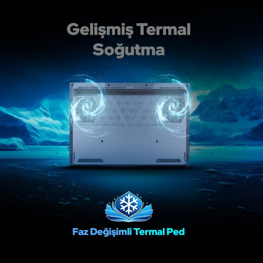 Gelişmiş soğutmalı dizüstü bilgisayar, buzlu manzara ve girdaplarla gösteriliyor.