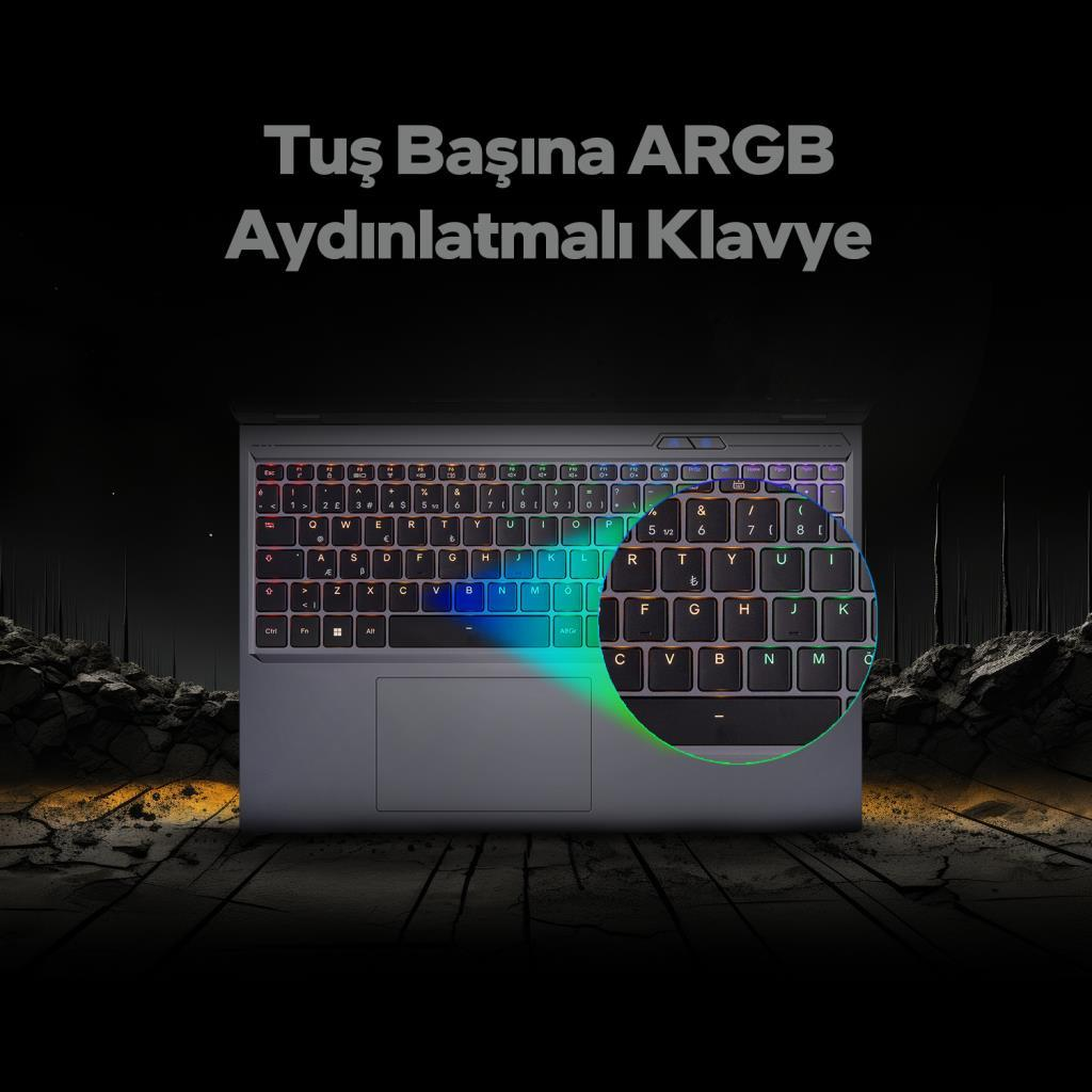 Ahşap zemin üzerinde RGB aydınlatmalı klavyeli bir dizüstü bilgisayar.