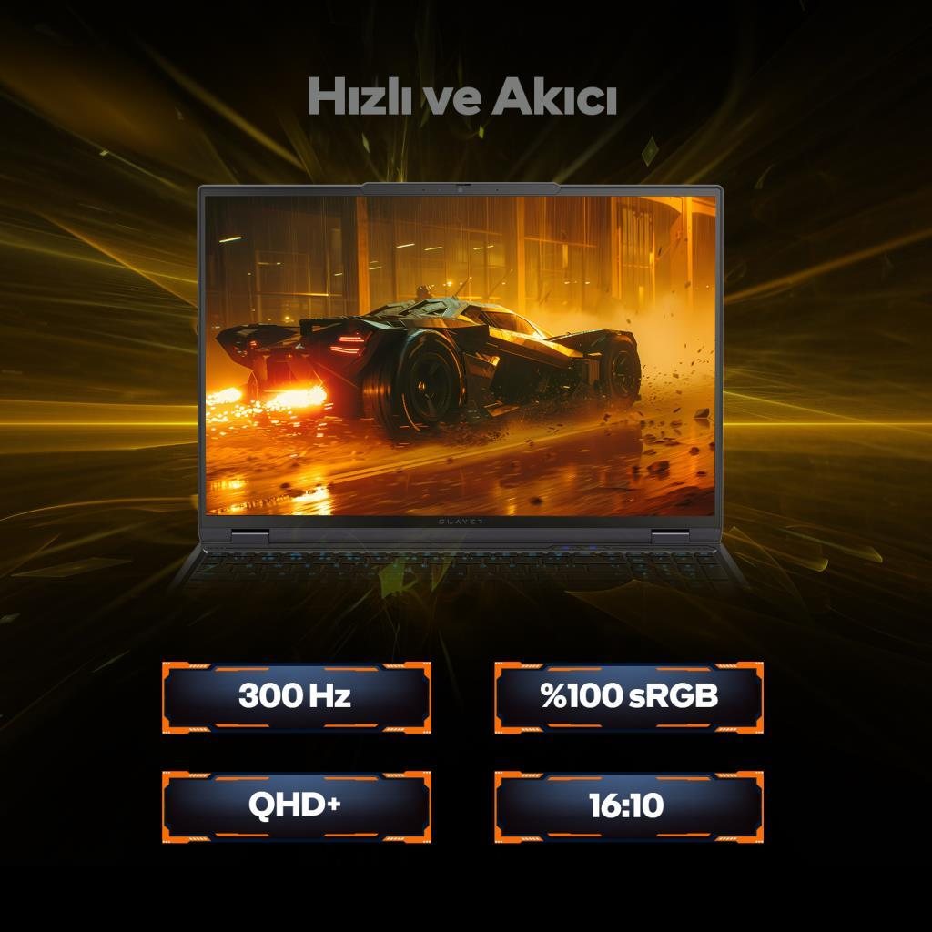Yarış oyunu gösteren laptop. Özellikler: 300 Hz, %100 sRGB, QHD+, 16:10.