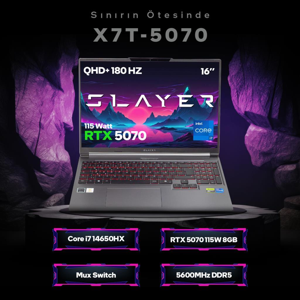 Koyu arka plan üzerinde RTX 5070 ve Intel Core i7 işlemcili laptop.