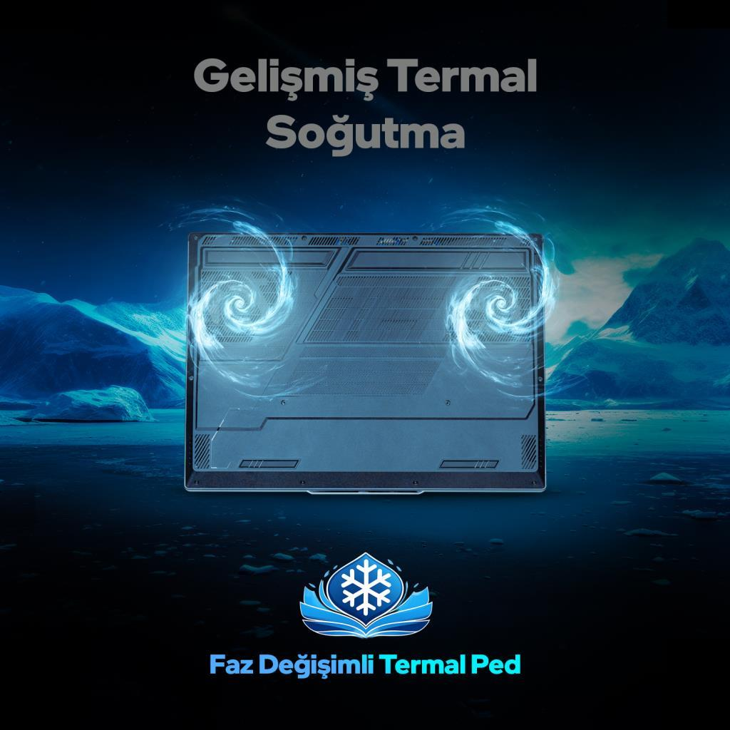 Buzlu dağlar önünde soğutma girdaplı laptop tabanı. "Gelişmiş Soğutma"