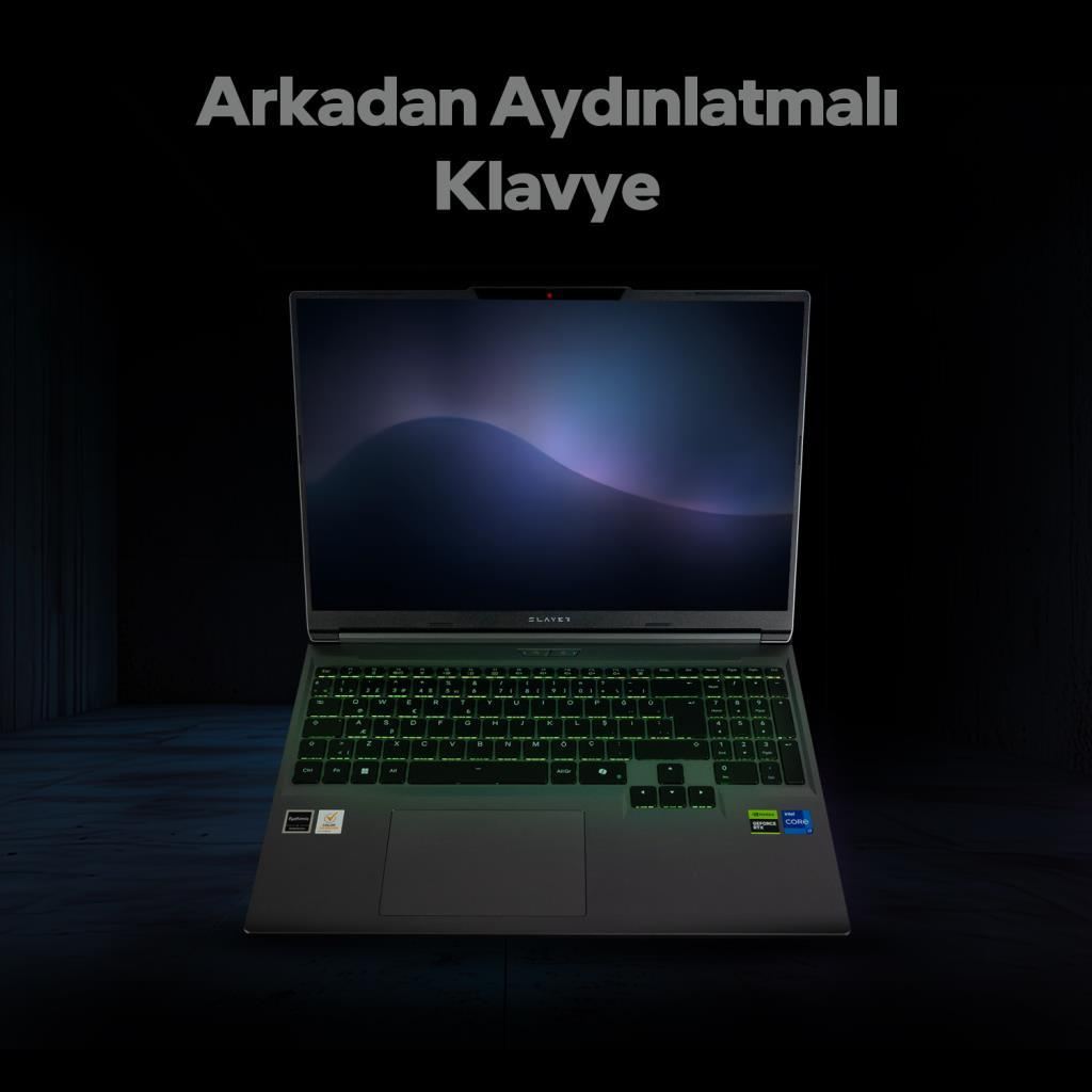Koyu zeminde yeşil klavye aydınlatmalı bir dizüstü bilgisayar.