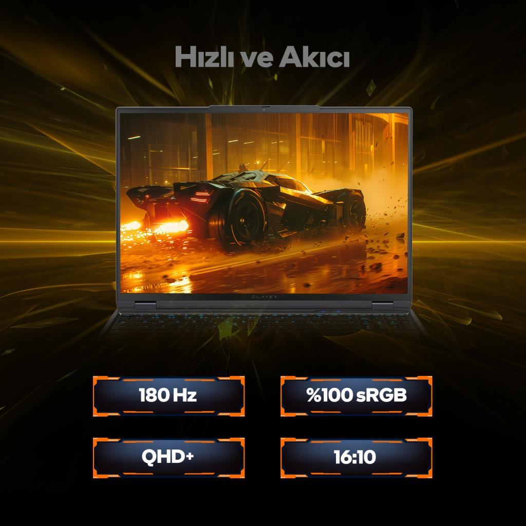 Laptop, parlayan alevli fütüristik bir araba gösteriyor. Özellikler: 180Hz, %100 sRGB, QHD+, 16:10.