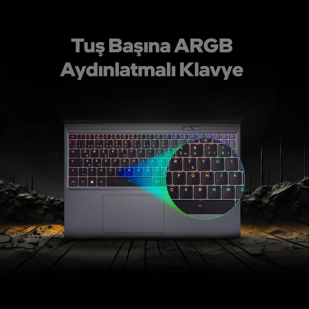 ARGB aydınlatmalı klavyeli ve dokunmatik yüzeyli dizüstü bilgisayar.