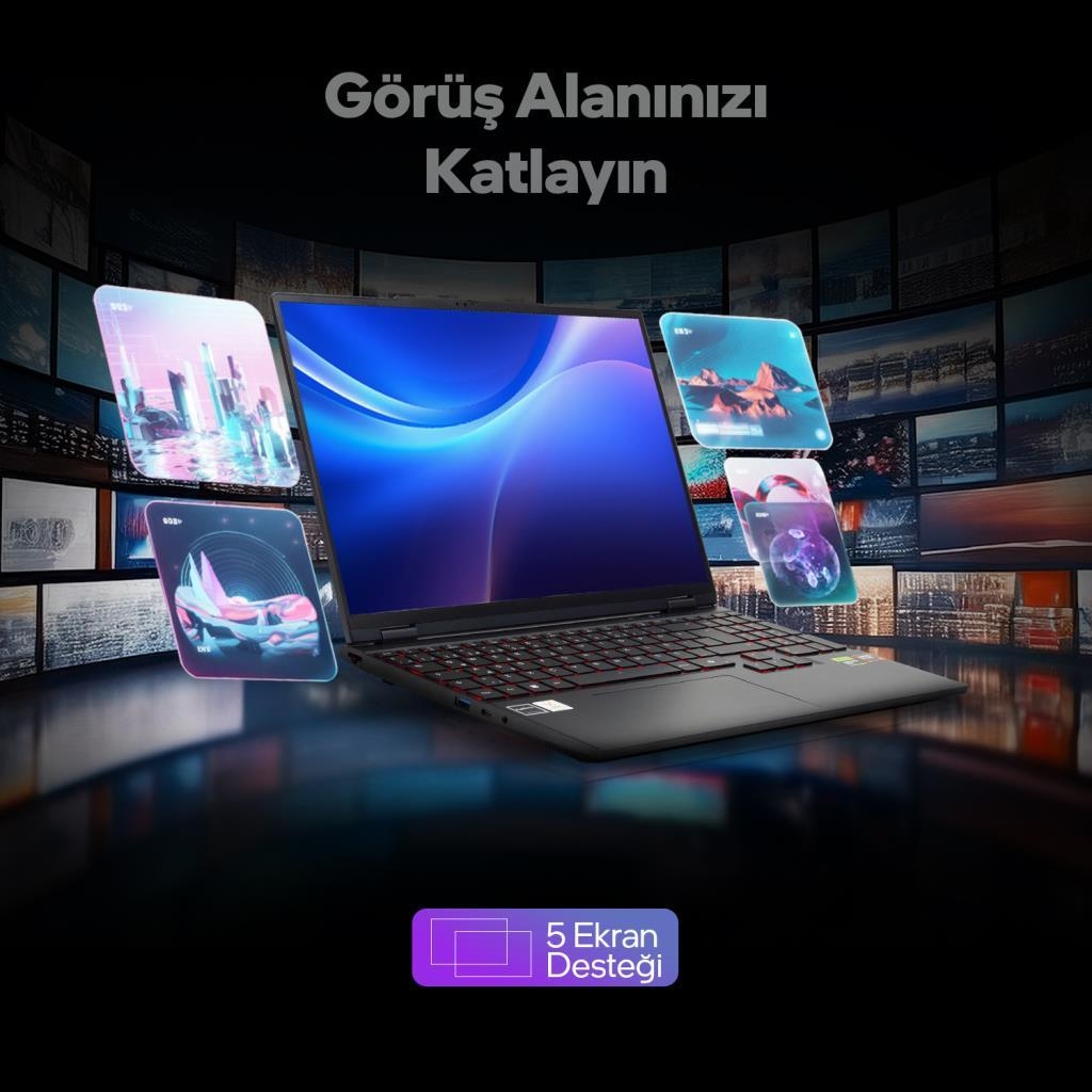 Koyu arka plan önünde birden çok ekranı olan bir dizüstü bilgisayar.