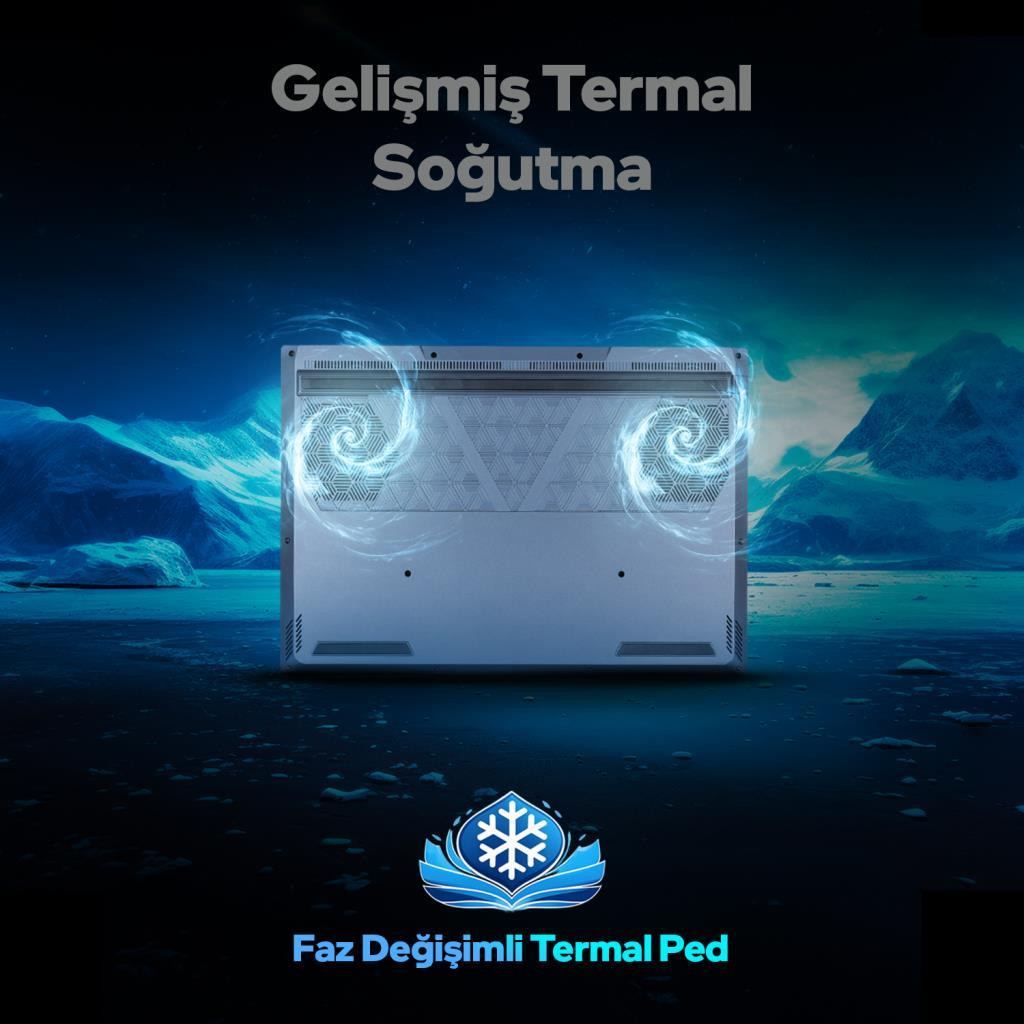 Alttan görünümde, mavi enerji yayan iki fanlı bir dizüstü bilgisayar.
