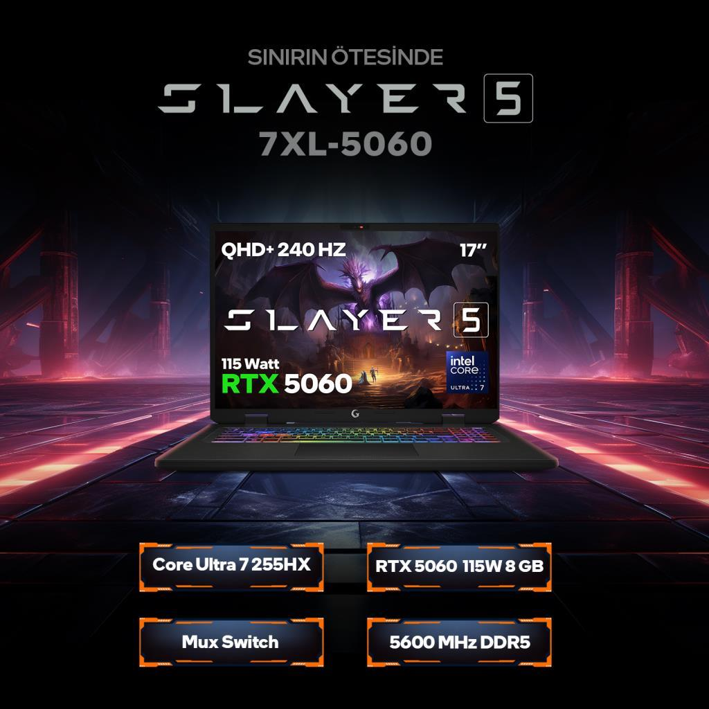 "Slayer 5 7XL-5060" logolu dizüstü bilgisayar, QHD+ 240 Hz, RTX 5060.