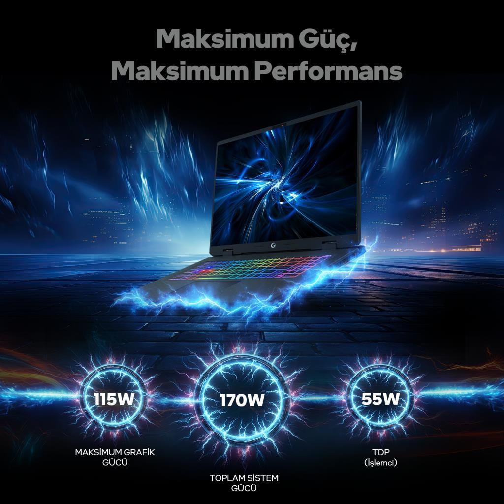 Işıklı klavyeli ve güç göstergeli (115W, 170W, 55W) bir dizüstü bilgisayar.