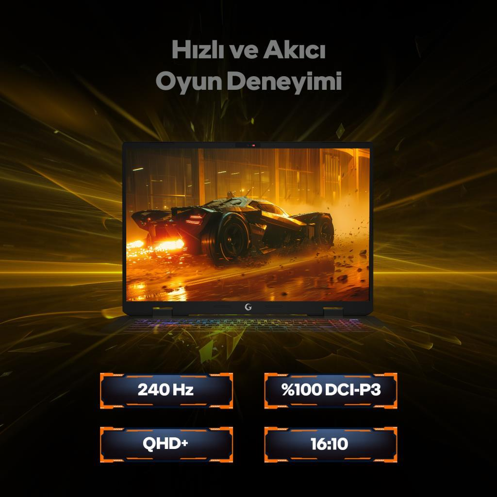 Oyun sahnesi ve özellikler gösteren laptop: 240 Hz, QHD+, %100 DCI-P3, 16:10.