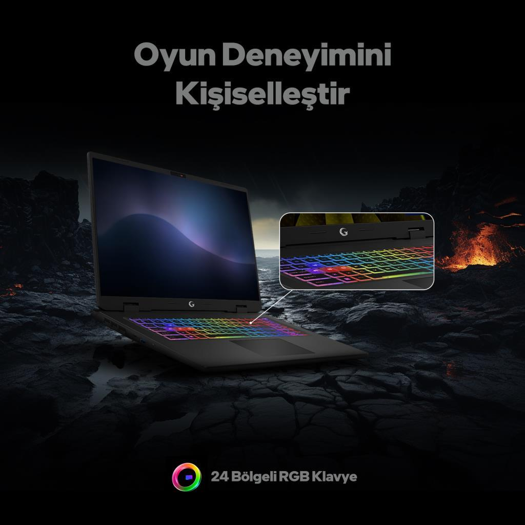 Koyu, kayalık zeminde RGB aydınlatmalı siyah dizüstü bilgisayar. Arka planda lav.