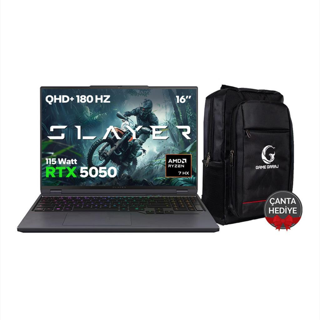 GAME GARAJ Slayer R7T-5050 C3 RTX5050 QHD+ 180Hz IPS Ryzen 7 8840HX 32 GB RAM 2 TB SSD 16 inç FreeDOS Gaming Laptop Siyah