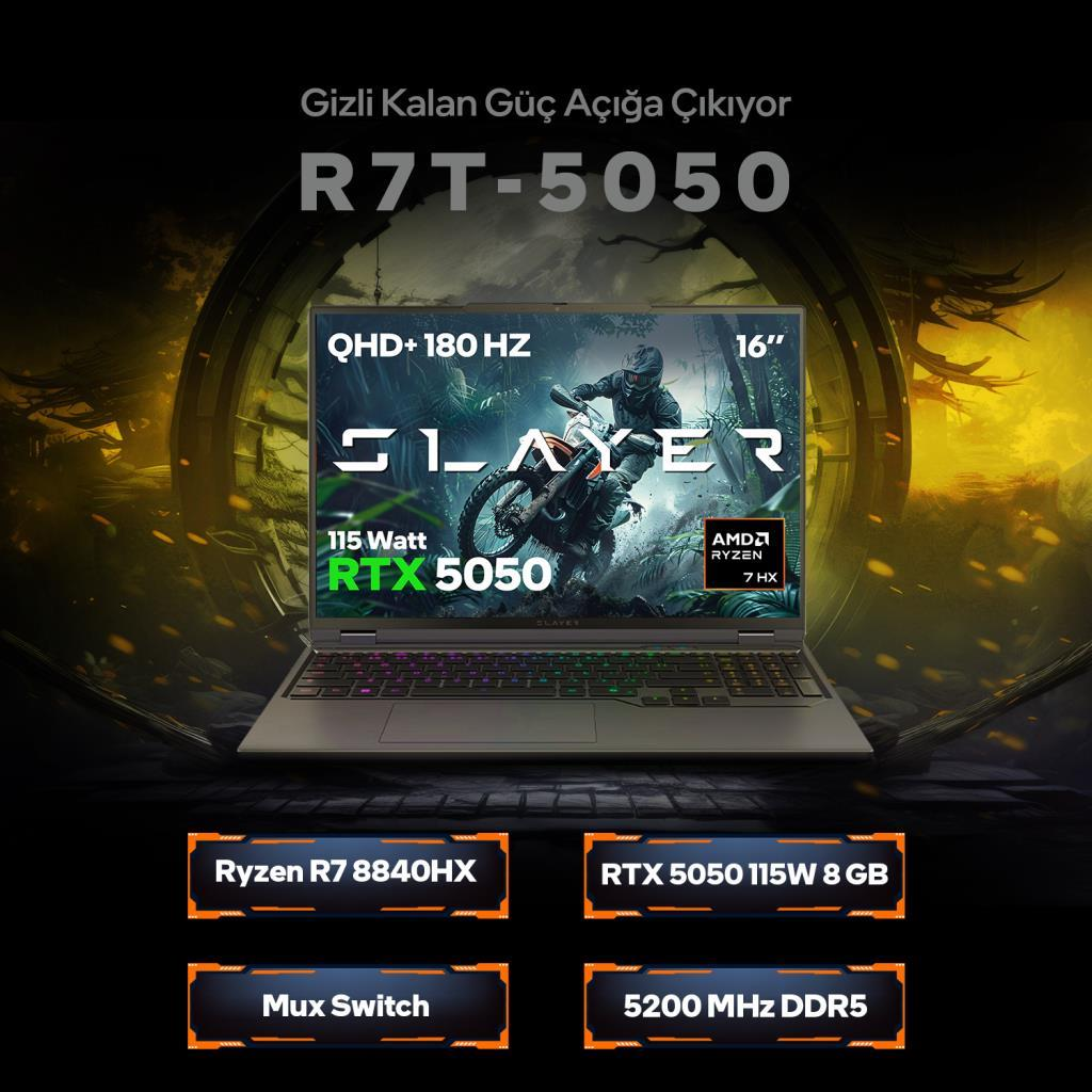 RTX 5050, Ryzen 7, 180Hz QHD ekran ve arkadan aydınlatmalı klavyeli oyuncu dizüstü.