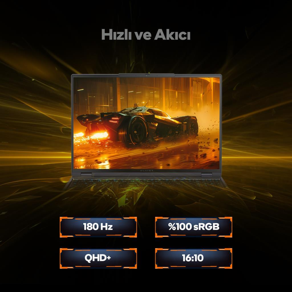 Bir dizüstü bilgisayar ışıklı fütüristik bir araba gösteriyor. Özellikler: 180 Hz, %100 sRGB, QHD+, 16:10.
