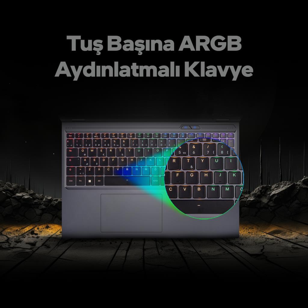 Koyu, kayalık bir yüzeyde ARGB aydınlatmalı klavyeli dizüstü bilgisayar.