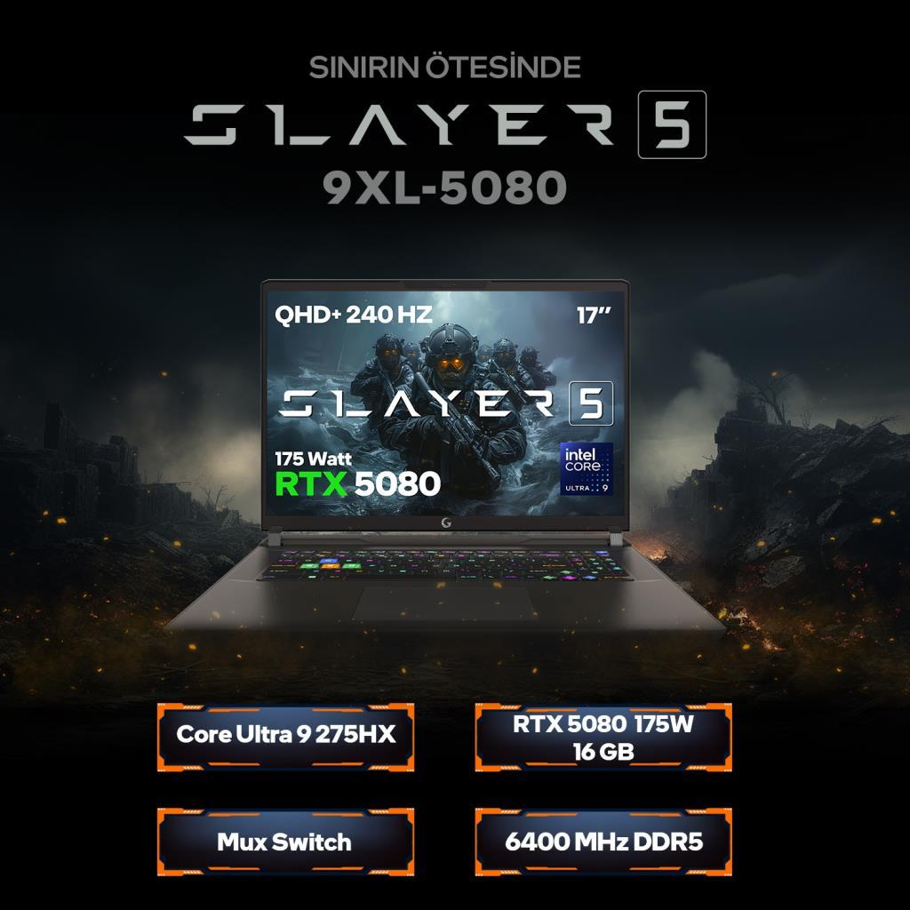 Koyu arka plan üzerinde RTX 5080 ve Intel Core Ultra 9 işlemcili bir dizüstü bilgisayar.