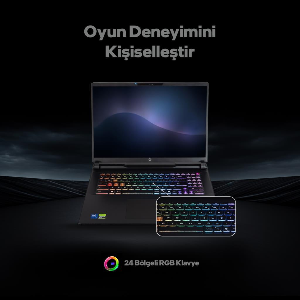Koyu arka plan üzerinde RGB klavyeli bir dizüstü bilgisayar.