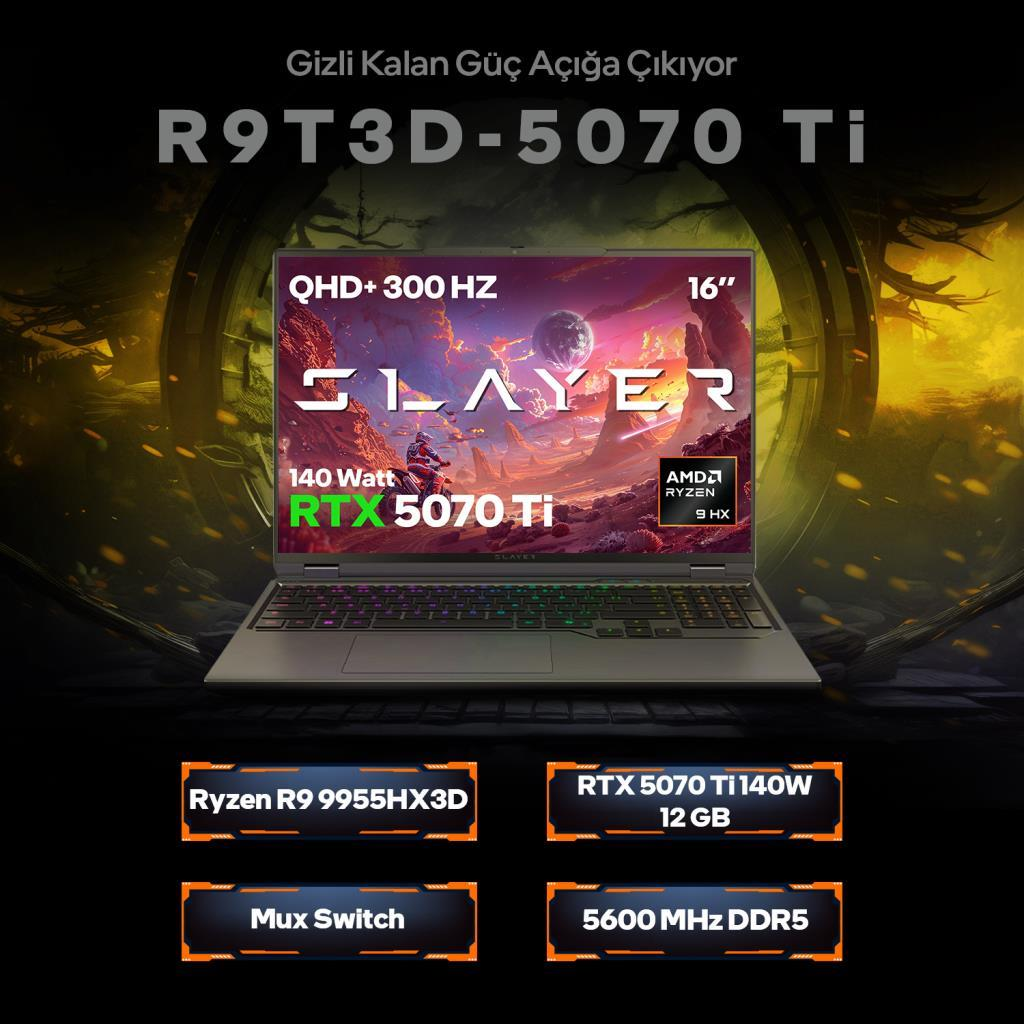 RTX 5070 Ti, Ryzen 9 HX, QHD+ 300Hz ekrana sahip bir dizüstü bilgisayar.