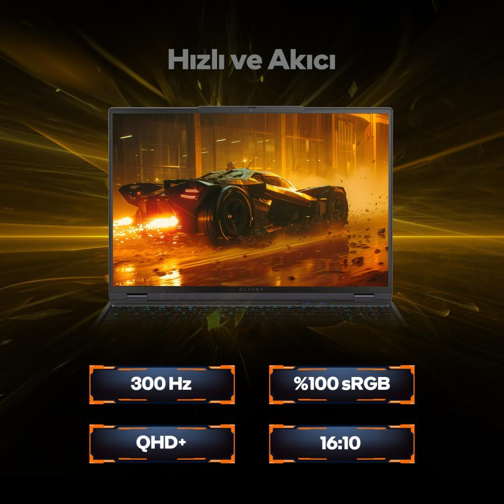 Fütüristik bir araba gösteren dizüstü bilgisayar. Özellikler: 300 Hz, 100% sRGB, QHD+, 16:10.
