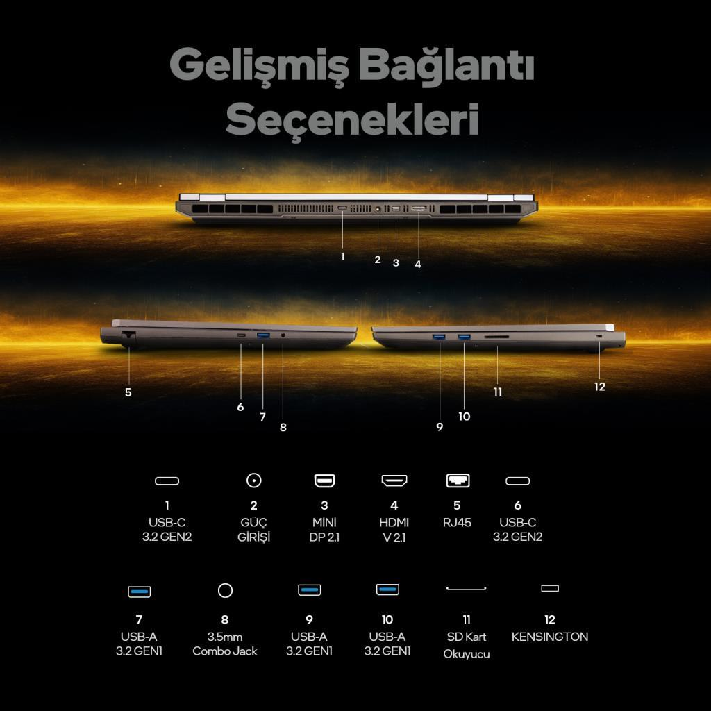 GAME GARAJ Slayer R9T3D-5070Ti C1 RTX5070Ti QHD IPS 300Hz AMD Ryzen 9 9955HX3D 32 GB RAM 1 TB SSD 16 inç FreeDOS Gaming Laptop Siyah