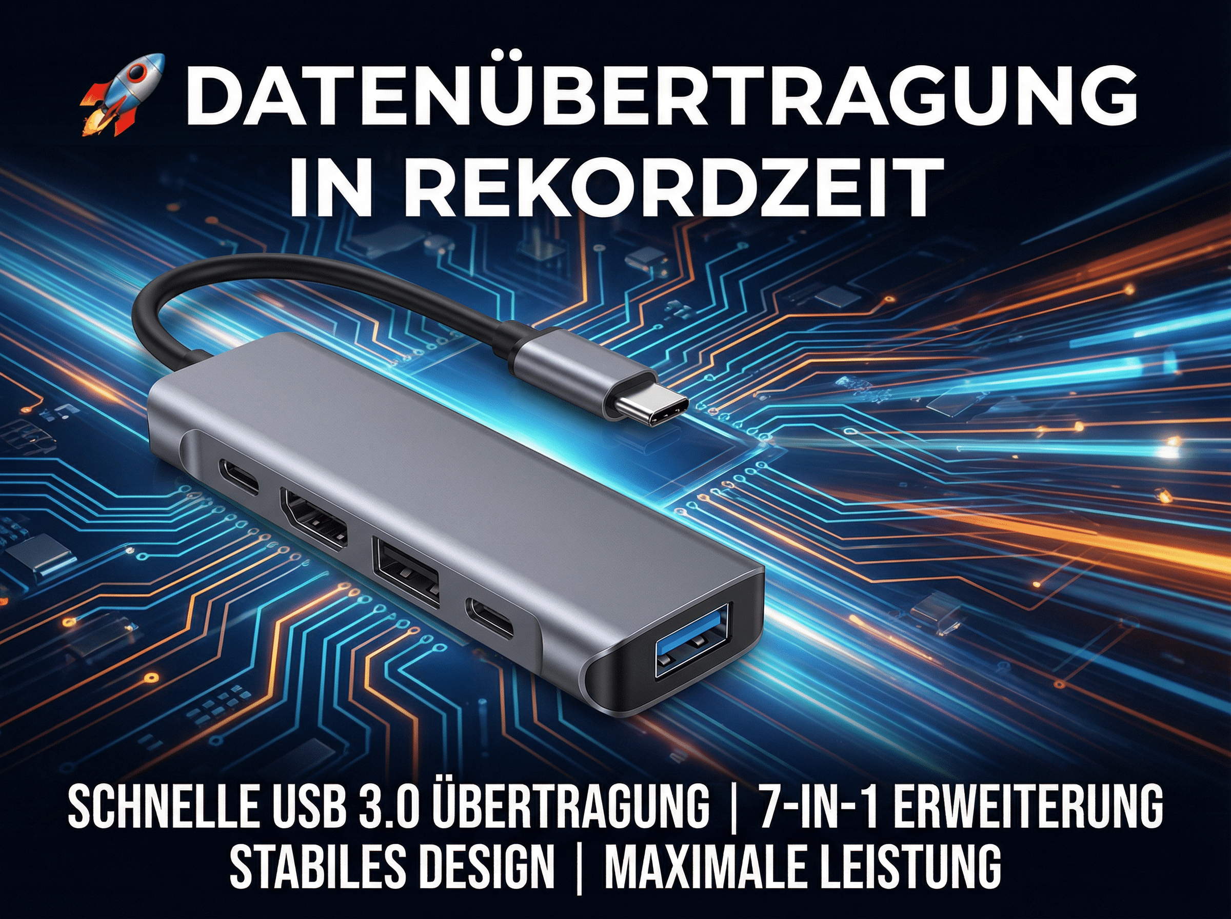 Ein USB-C Hub mit Anschlüssen vor einem digitalen Hintergrund.