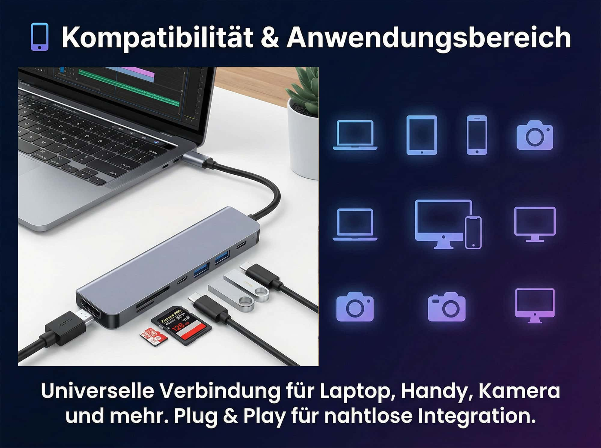 Ein Laptop-Hub mit SD-Karten und USB-Anschlüssen ist an einen Laptop angeschlossen.