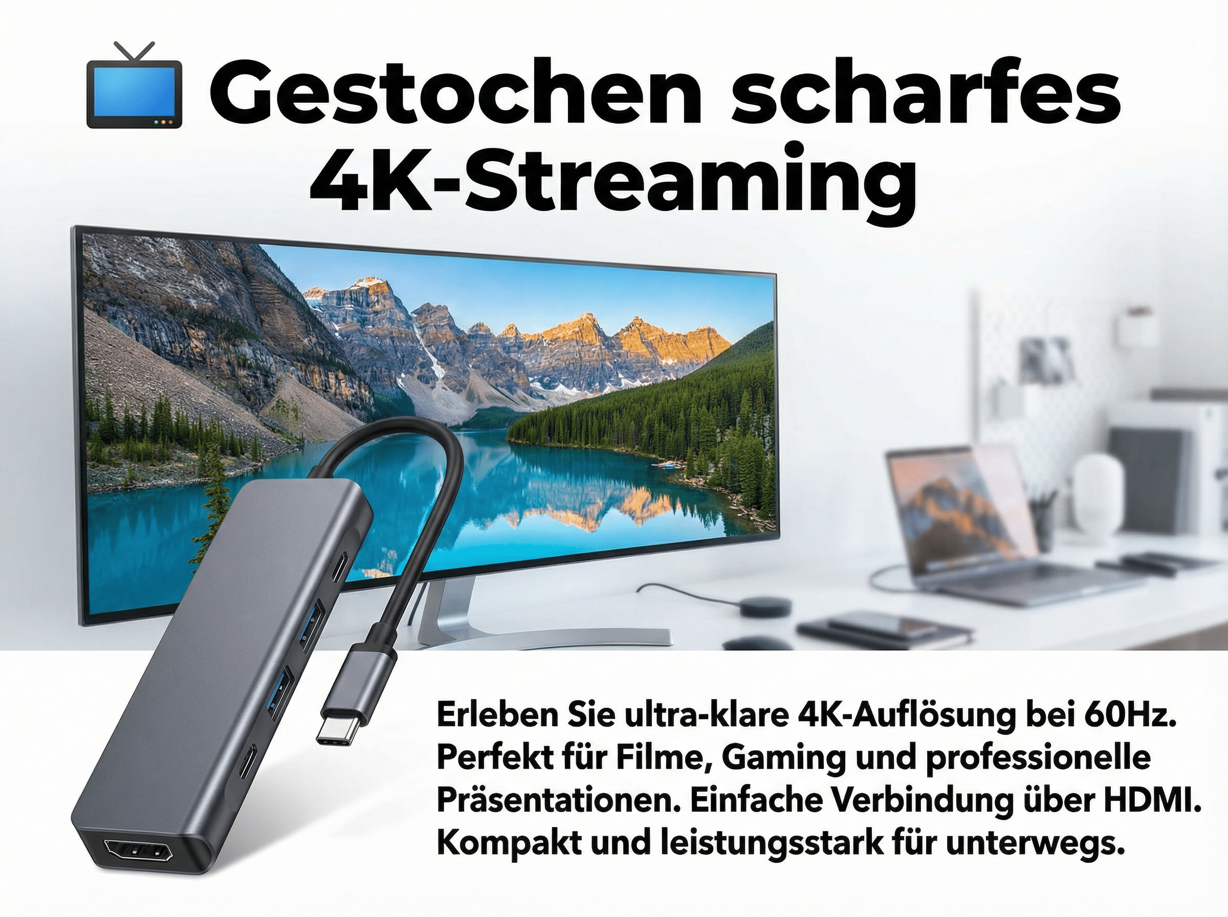 Ein USB-C-Hub mit HDMI und USB-Ports vor einem 4K-Monitor.