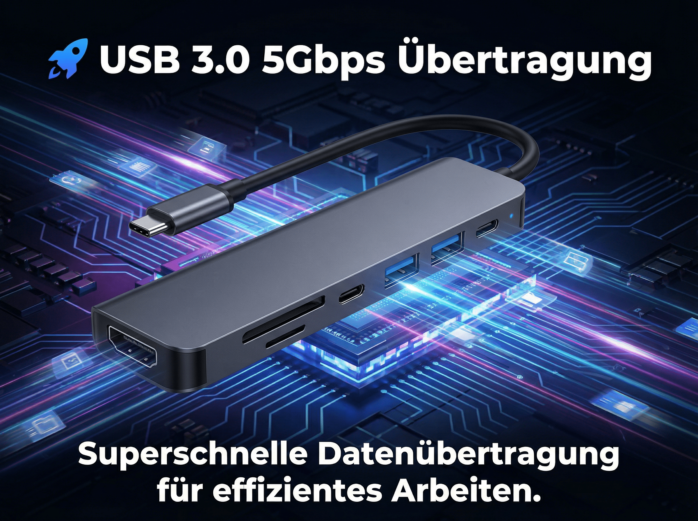 USB-C-Hub mit HDMI, USB-A, SD-Kartensteckplätzen und schnellem Datentransfer.