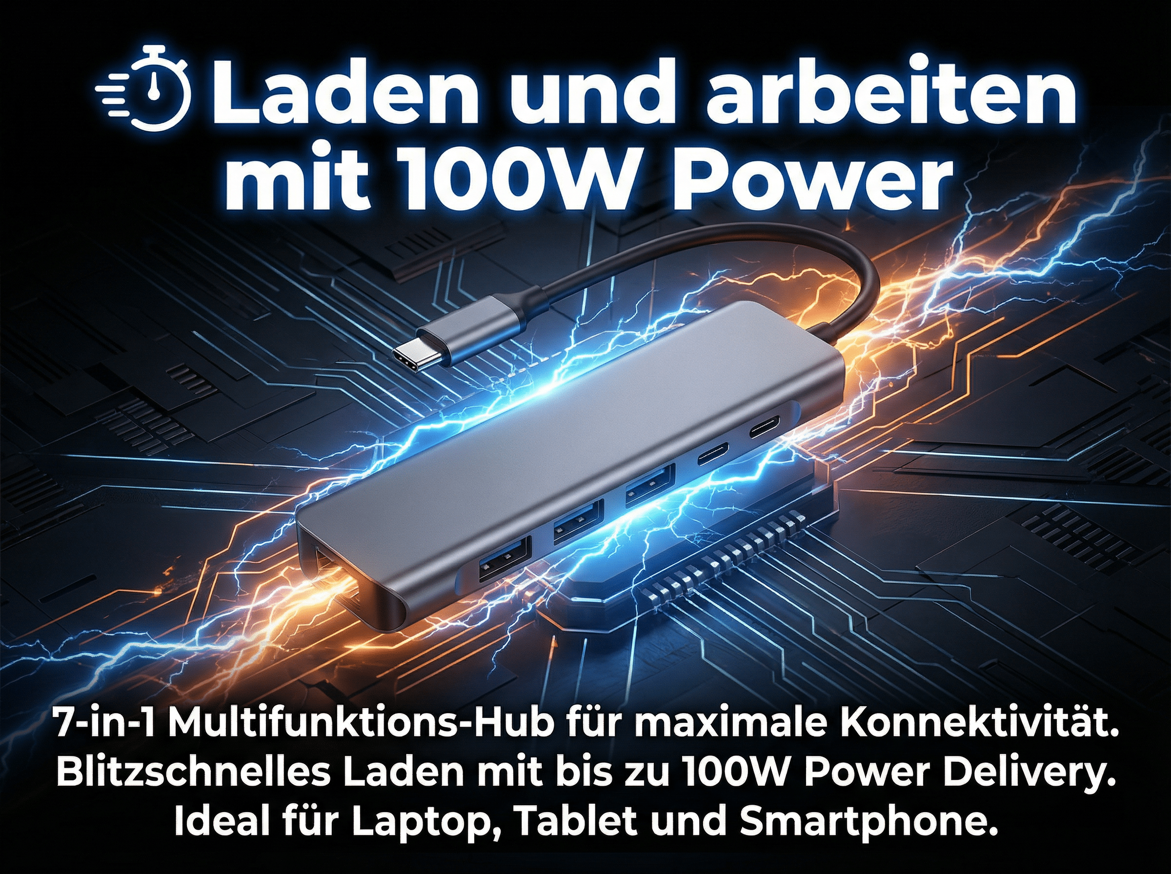 Grauer 7-in-1 USB-C-Hub mit Ladefunktion, umgeben von blauen und orangen Blitzen.