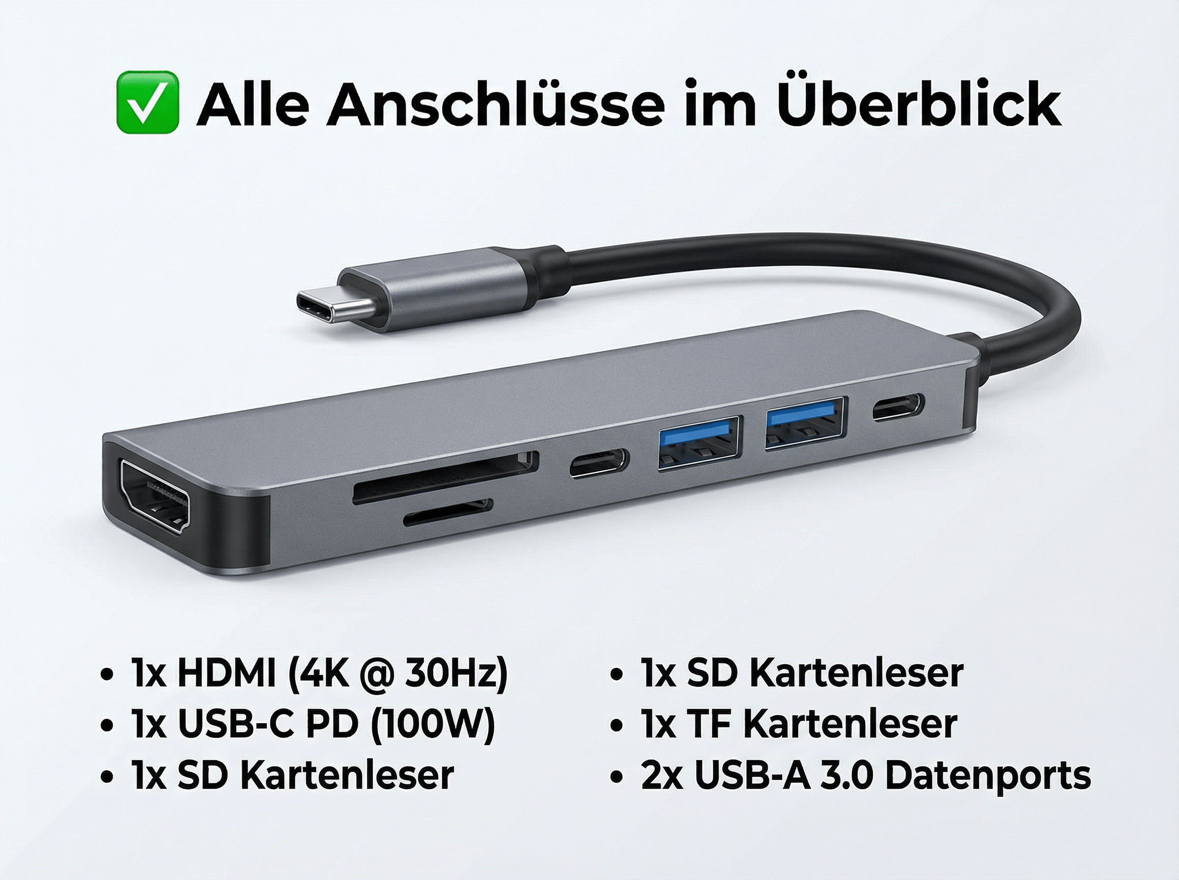 Ein grauer USB-C Hub mit HDMI, USB-A Ports, SD/TF Kartenlesern und USB-C PD.