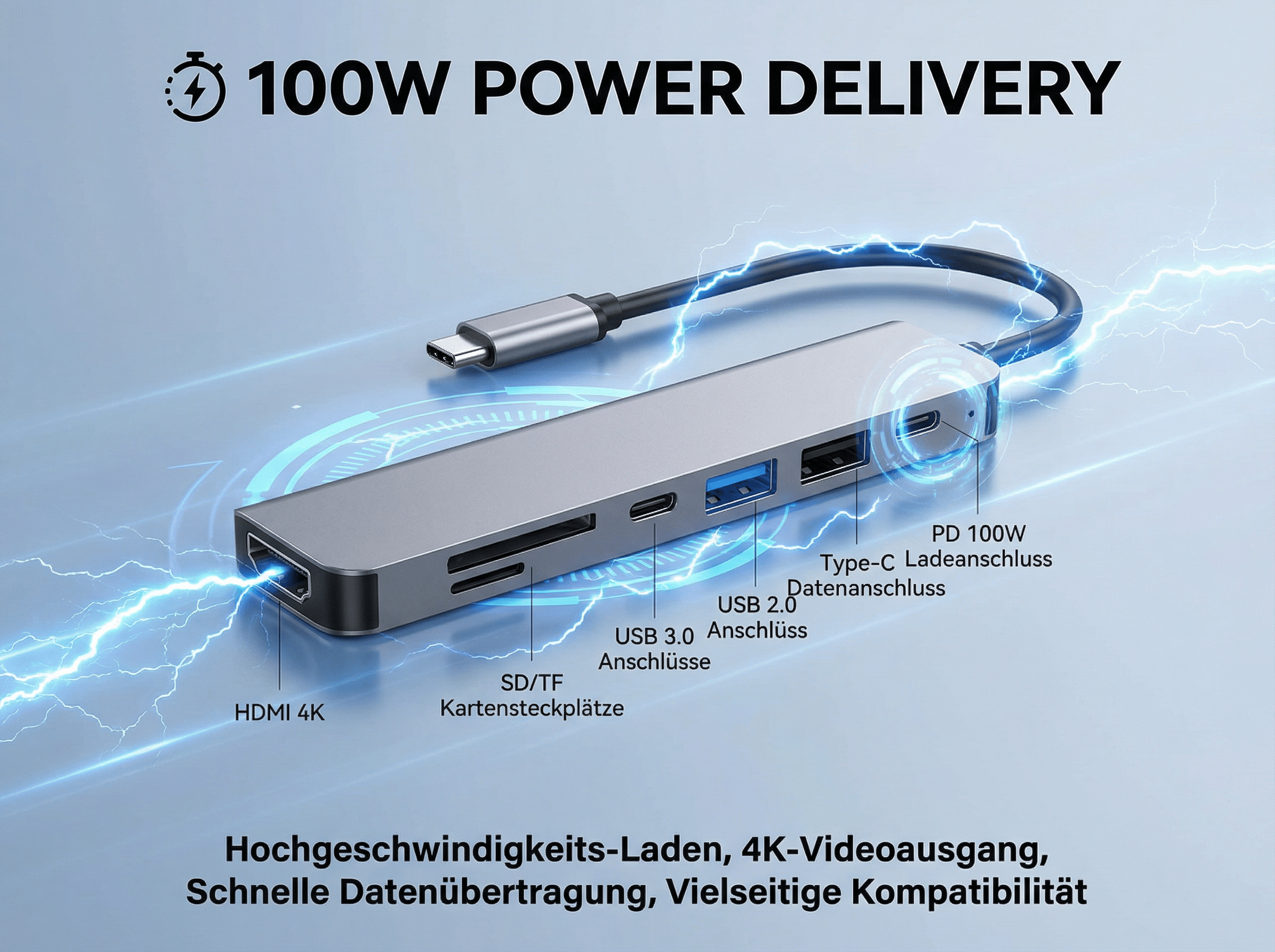 Ein USB-C-Hub mit HDMI, SD/TF, USB 3.0, USB 2.0 und PD 100W Anschlüssen.