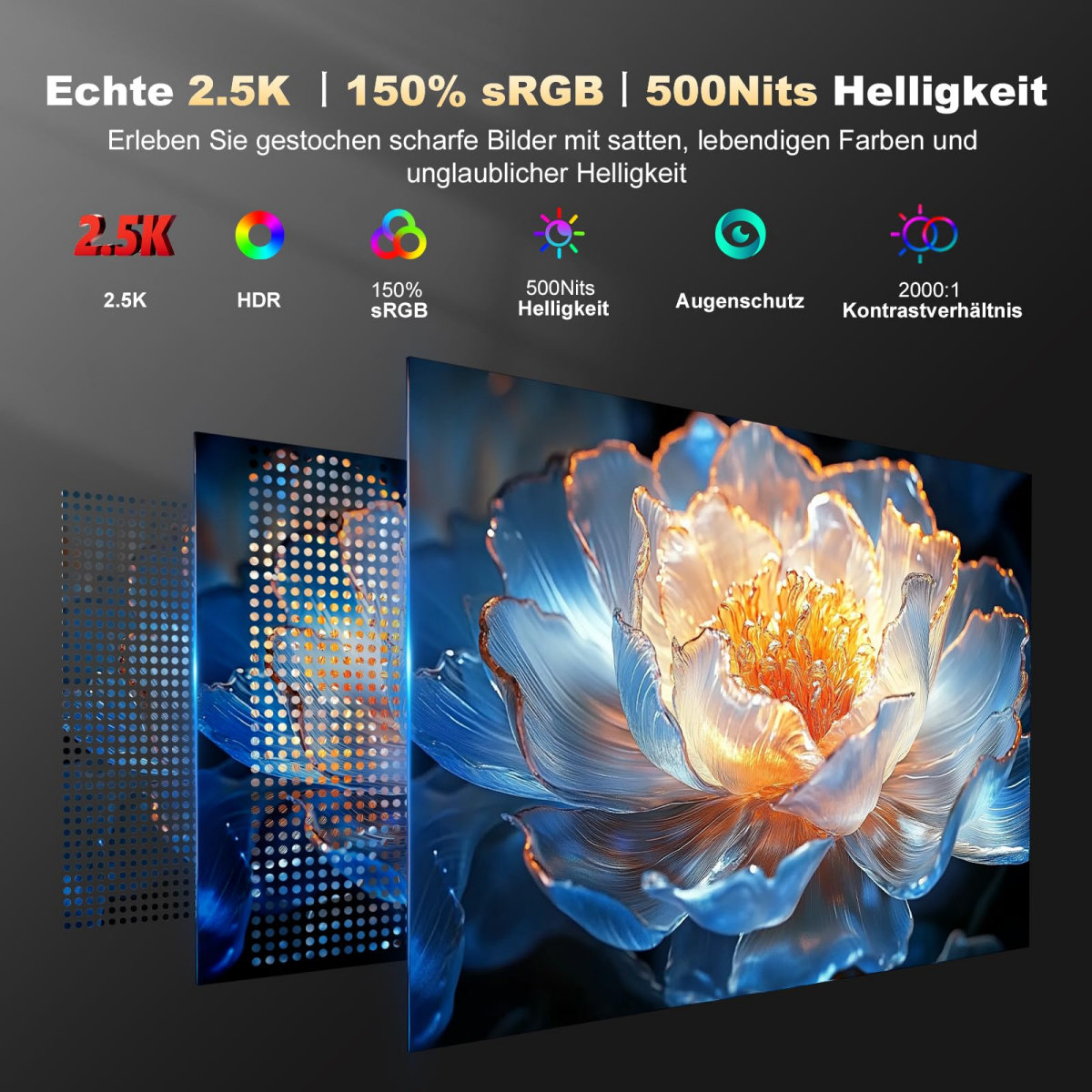 Ein leuchtender, blauer und goldener digitaler Blumeneffekt, der die Helligkeit hervorhebt.